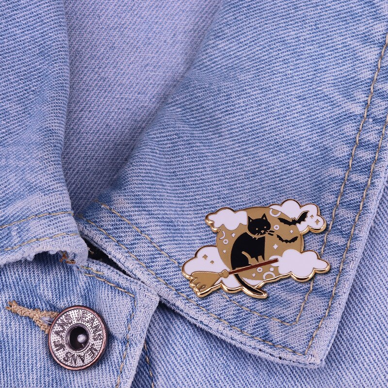 Magic moon cat brooch cat badge cute cartoon animal pin on a broom