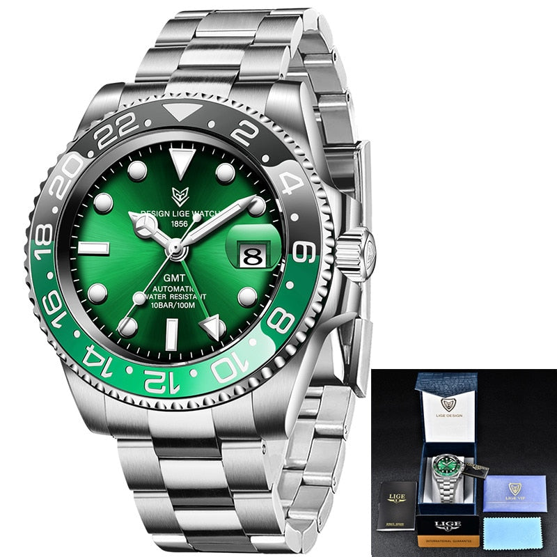 LIGE Men Watches Sapphire Glass 40MM Ceramic GMT Automatic Mechanical Watch Men 100m Waterproof Classic Fashion Luxury Clock+Box