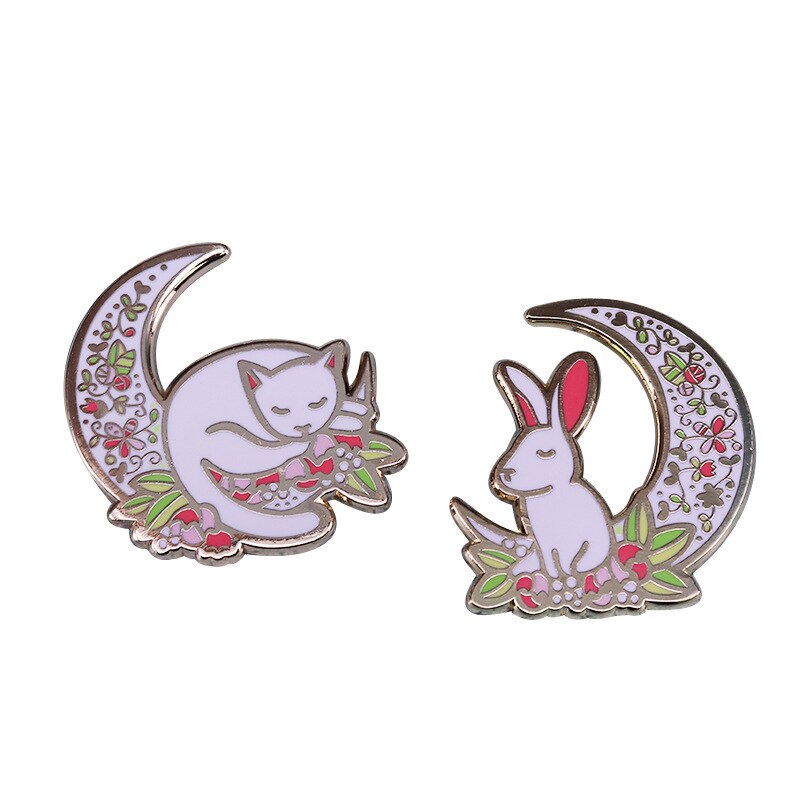 Moon, cat and rabbit brooch set cute animal emblems beautiful clothes bag accessories