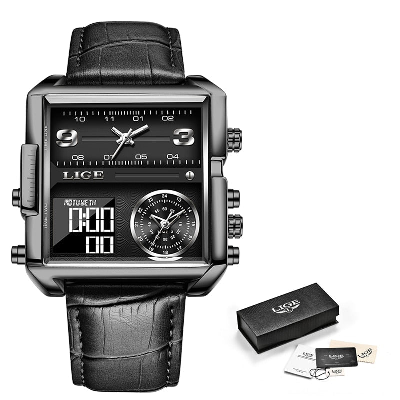 LIGE Watch Man Top Brand Luxury Square Sport Quartz Analog Wristwatch for Men Waterproof Military Digital Watches Creative Watch