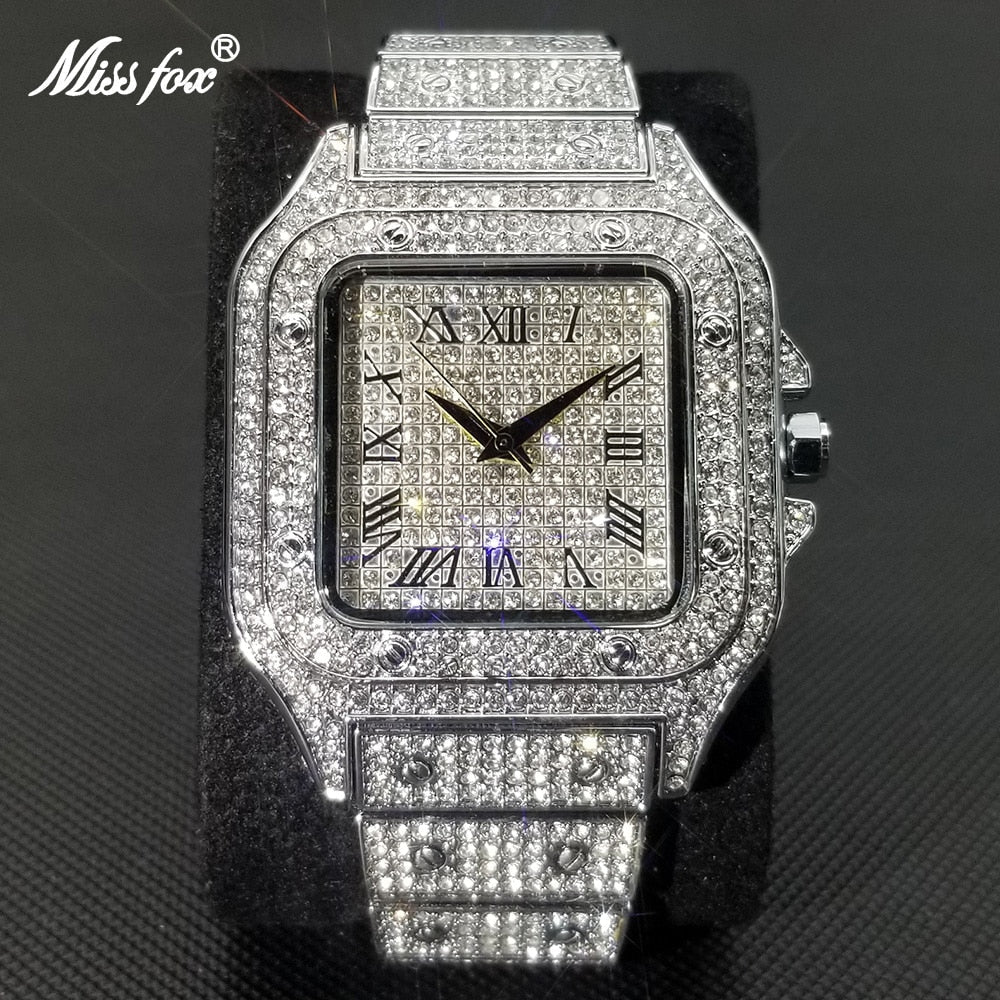 MISSFOX Ice Out Square Watch For Men Top Brand Luxury Full Diamond Mens Watches Ultra Thin Waterproof Wrist Watch