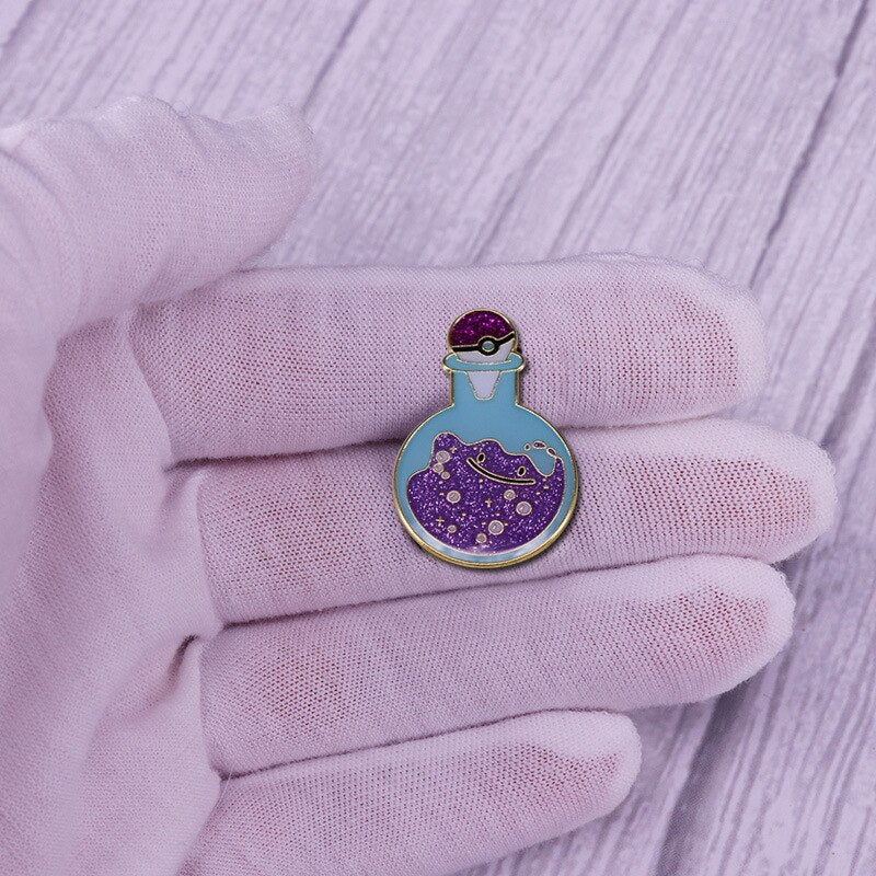 Magic purple medicine bottle badge with colorful balls and flashing brooch