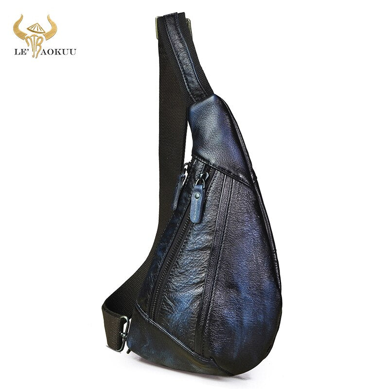New Men Oil Wax Leather Fashion Blue Triangle Chest Sling Bag 8" Tablet Umbrella Design One Shoulder Cross-body Bag Male 8807