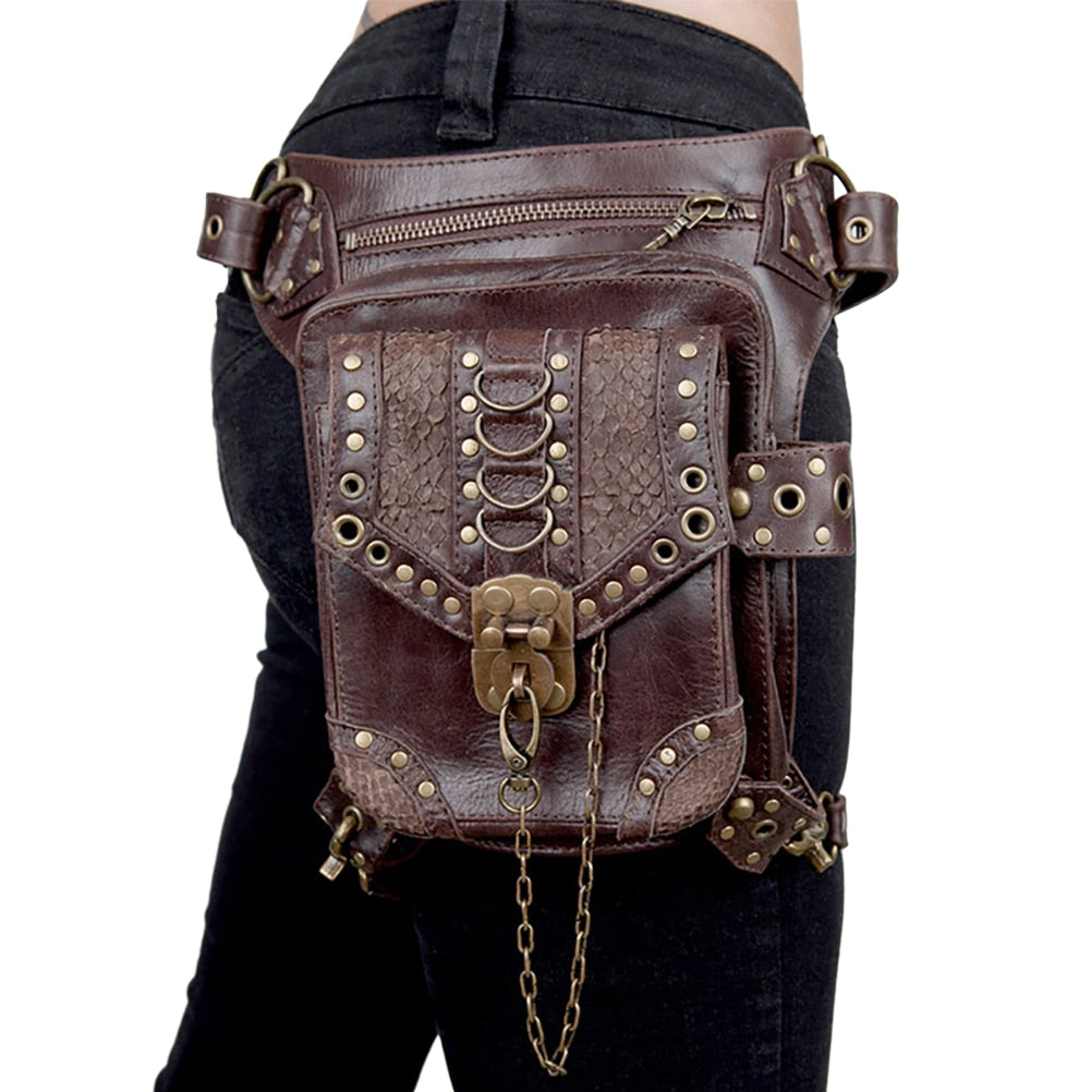 Vintage Punk Leather Messenger Bag Women'S Gothic Bag Retro Punk Belt Bag Women