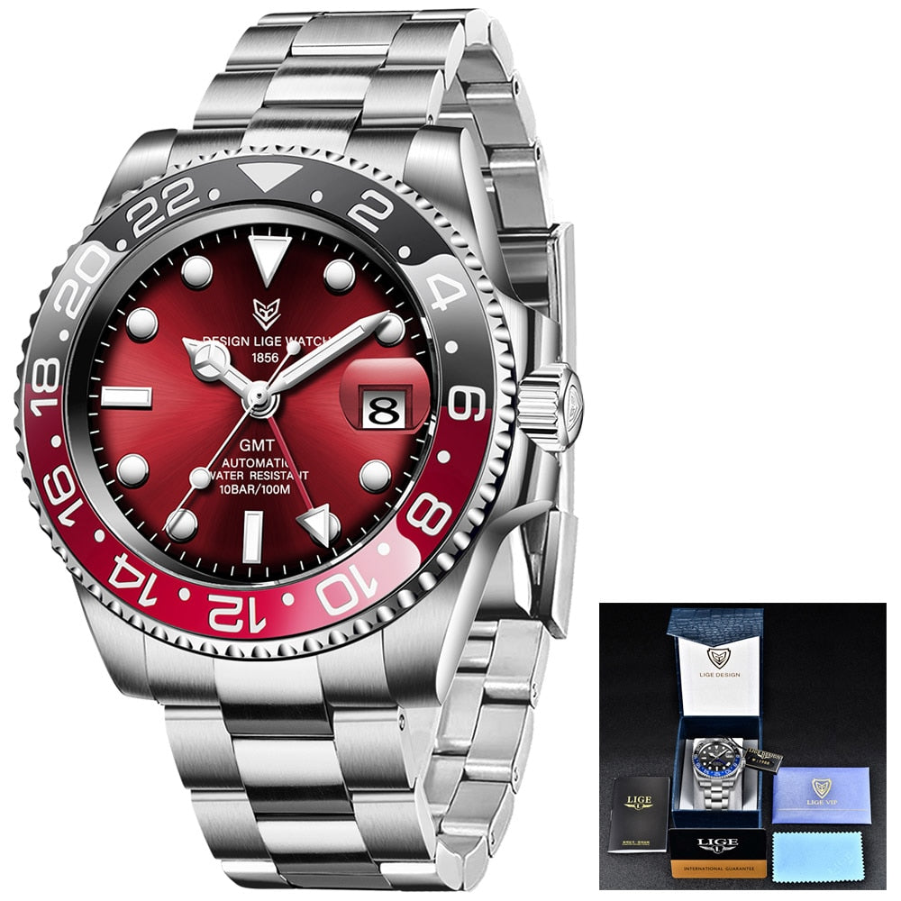 LIGE DESIGN Men GMT Automatic Mechanical Watch Ceramic Bezel 316L Stainless Steel 100ATM Waterproof Clock Sapphire Glass Watches