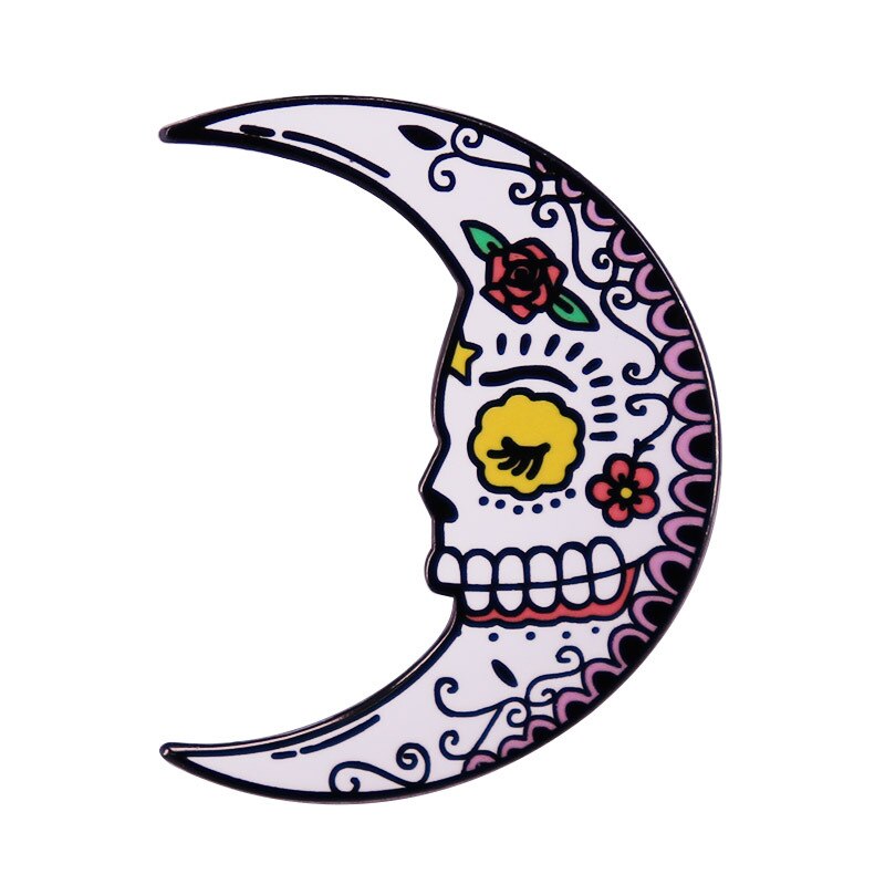 Skull moon brooch beautiful flower badge gothic art pin halloween decoration