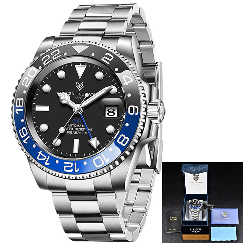 LIGE Men Watches Sapphire Glass 40MM Ceramic GMT Automatic Mechanical Watch Men 100m Waterproof Classic Fashion Luxury Clock+Box