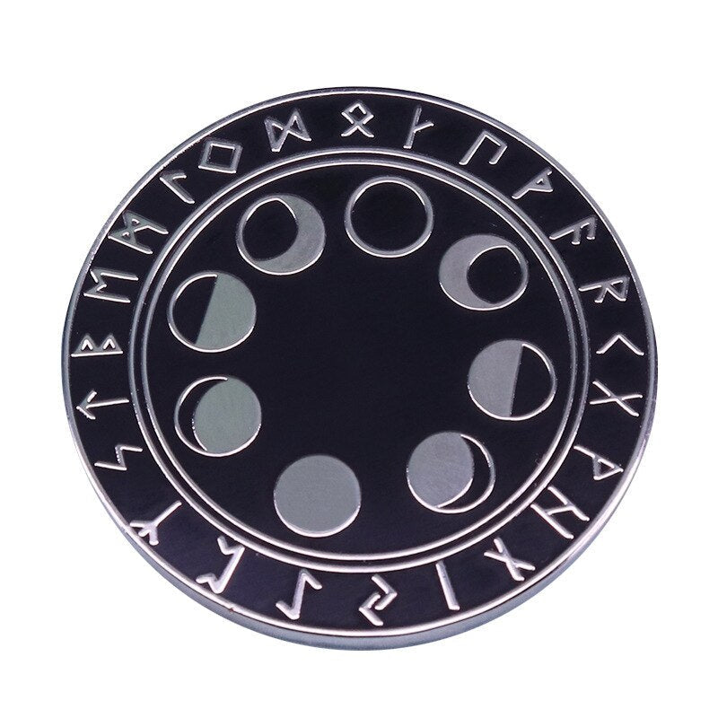 Moon phases and nordic rune emblems Viking amulet brooch