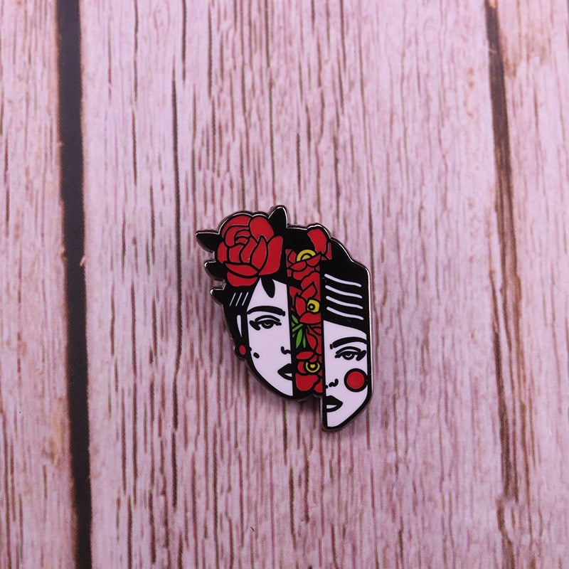 Mexican artist split cartoon character brooch feminist badge Gothic art accessory