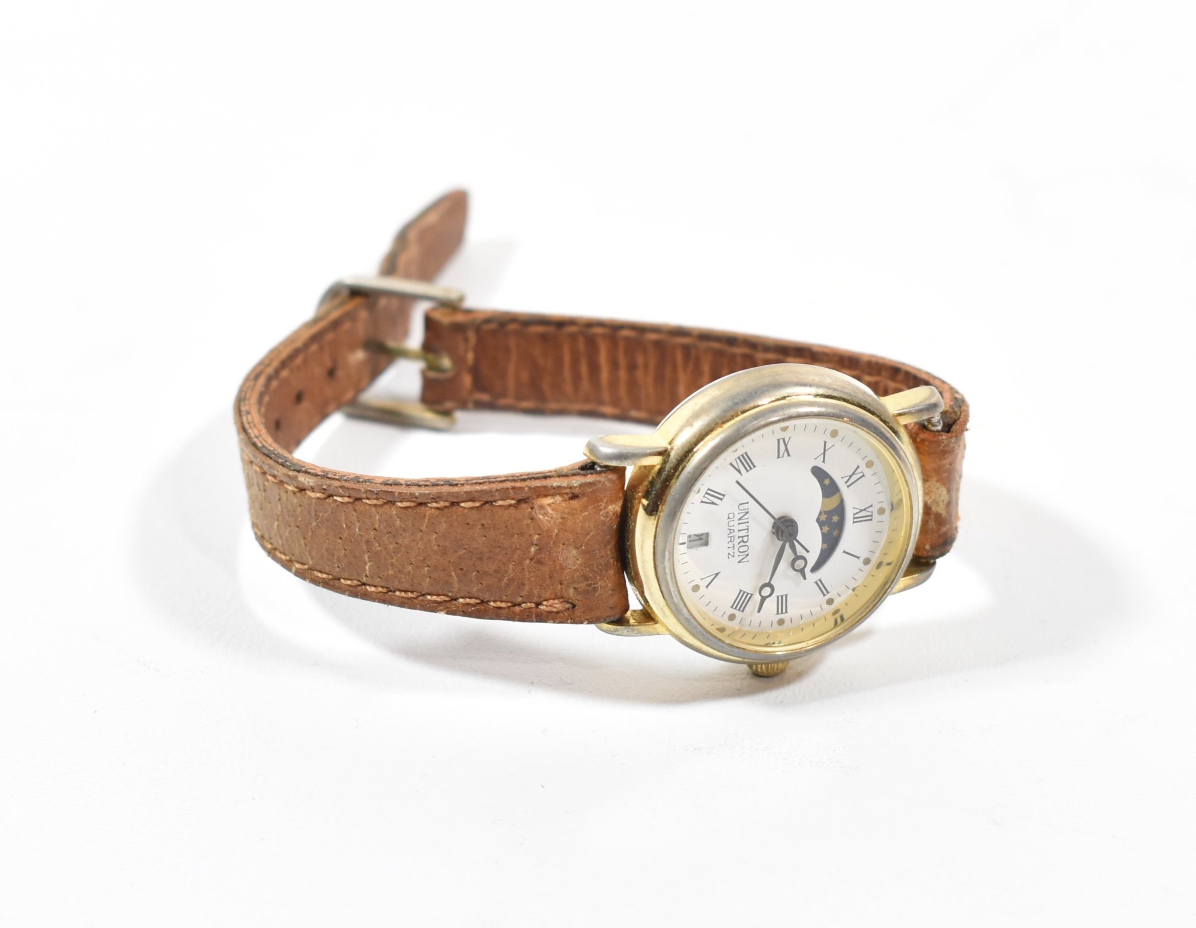 Unitron Quarts Silver watch brown Leather Strap Used