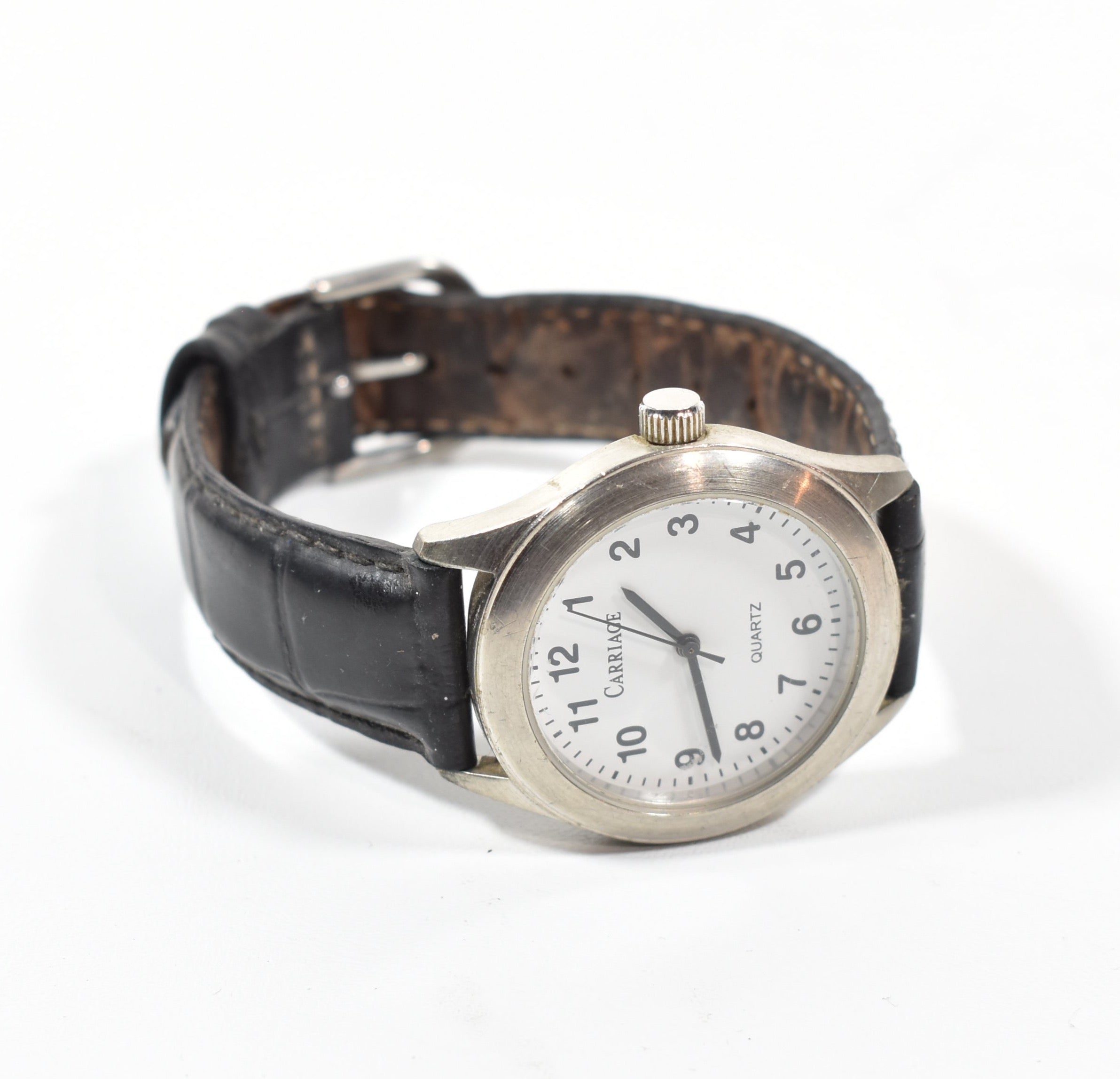 Carriage Quartz Silver mens watch black leather watch used