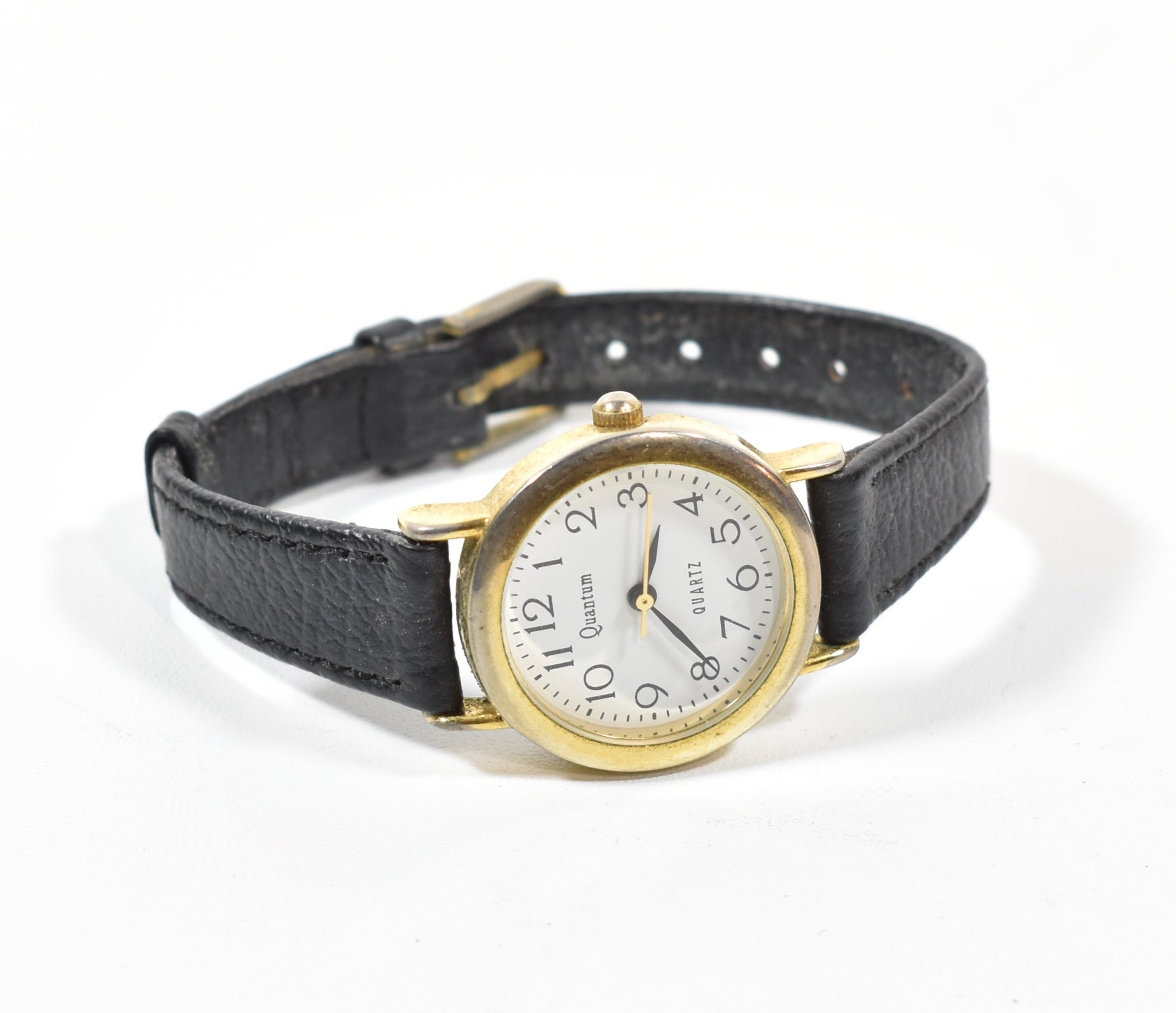 Quantum Quartz black leather banded used watched