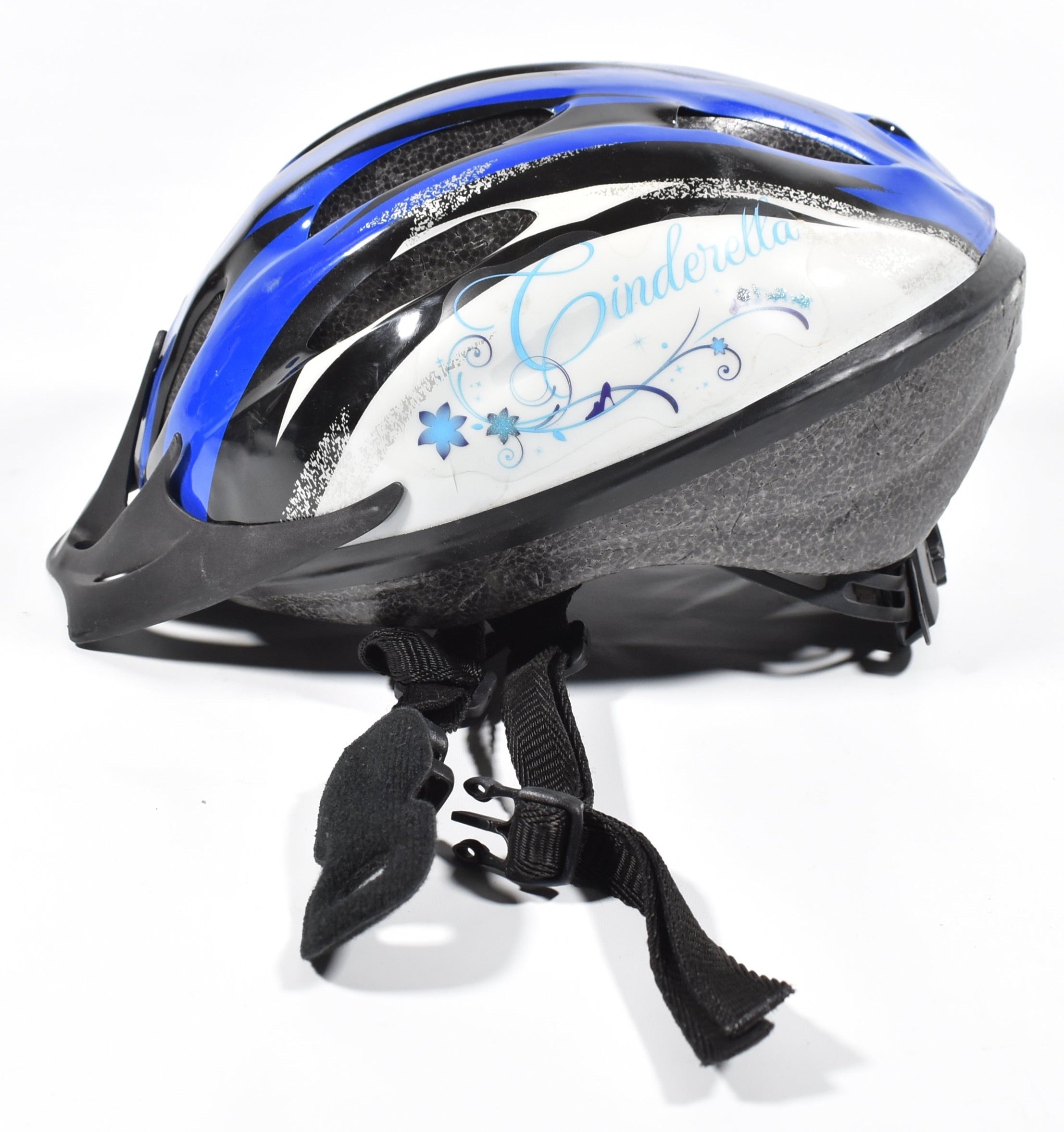 Bicycle Helmet used Cinderella Sticker Black Visor Used Blue Bike helmet READ DESCRIPTION