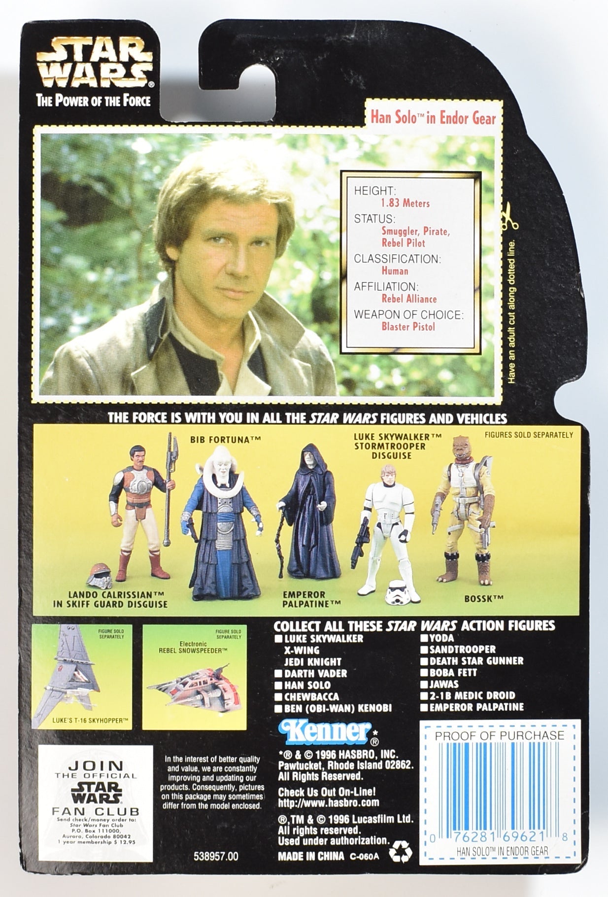 Star Wars Power of the force Green Card Han Solo Endor Gear 1996
