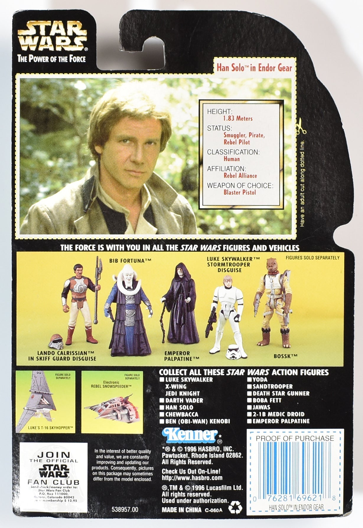 Star Wars Power of the force Green Card Han Solo Endor Gear 1996 Kenner
