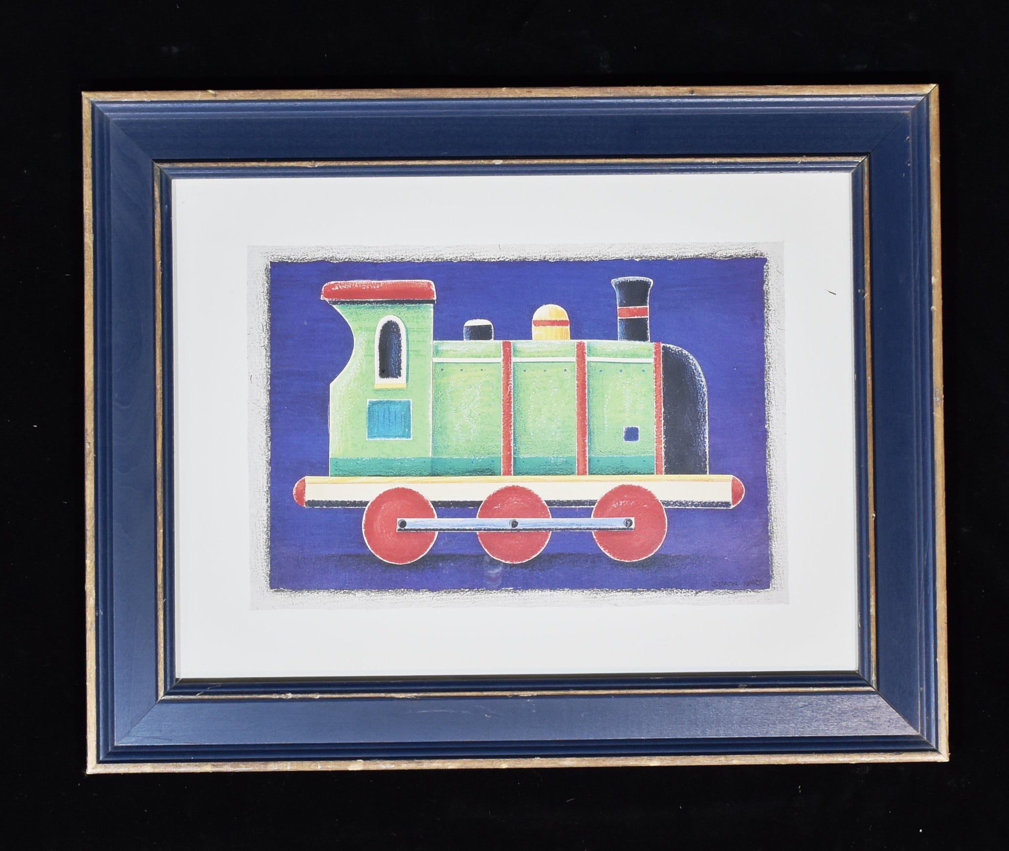 Framed Train Art work Blue Gold Wooden framed Picture used 15 x 19 Inch