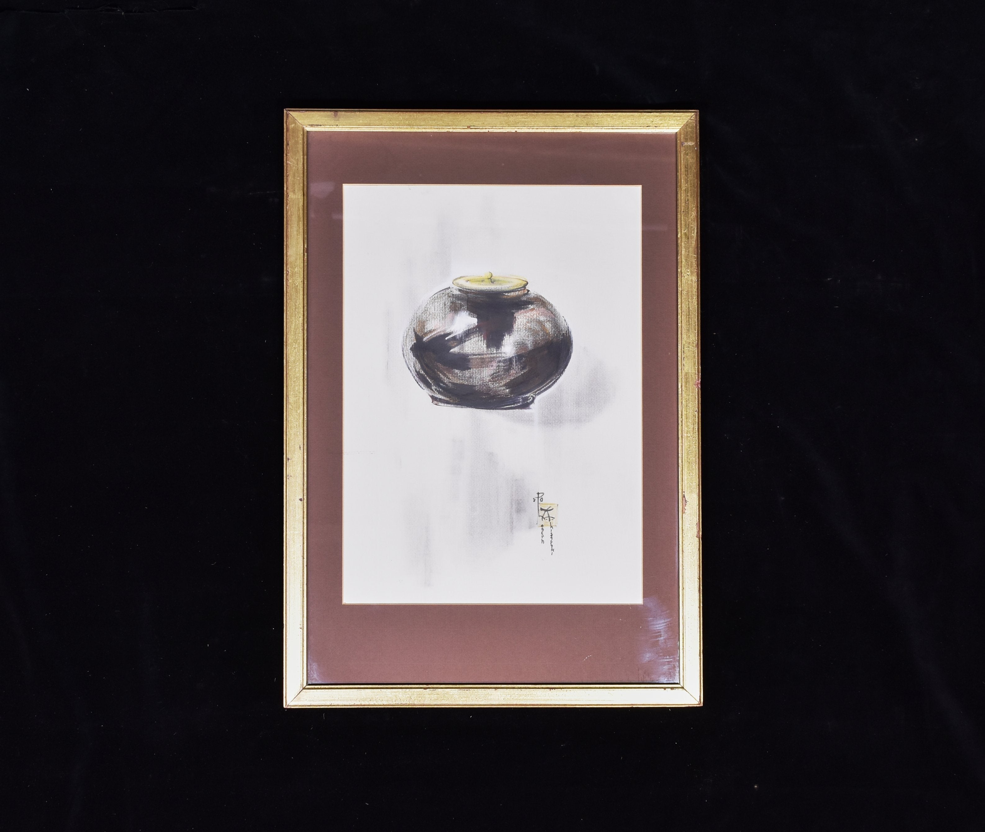 Framed Asian Art work Fine Art 21 x 15 Pot Sketch