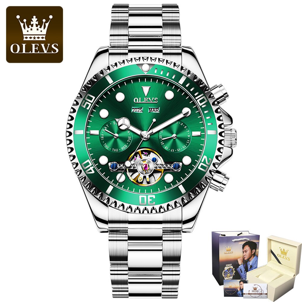 OLEVS Waterproof Stainless Steel Strap Men Wristwatch Submariner Multifunctional Automatic Mechanical Business Watches for Men