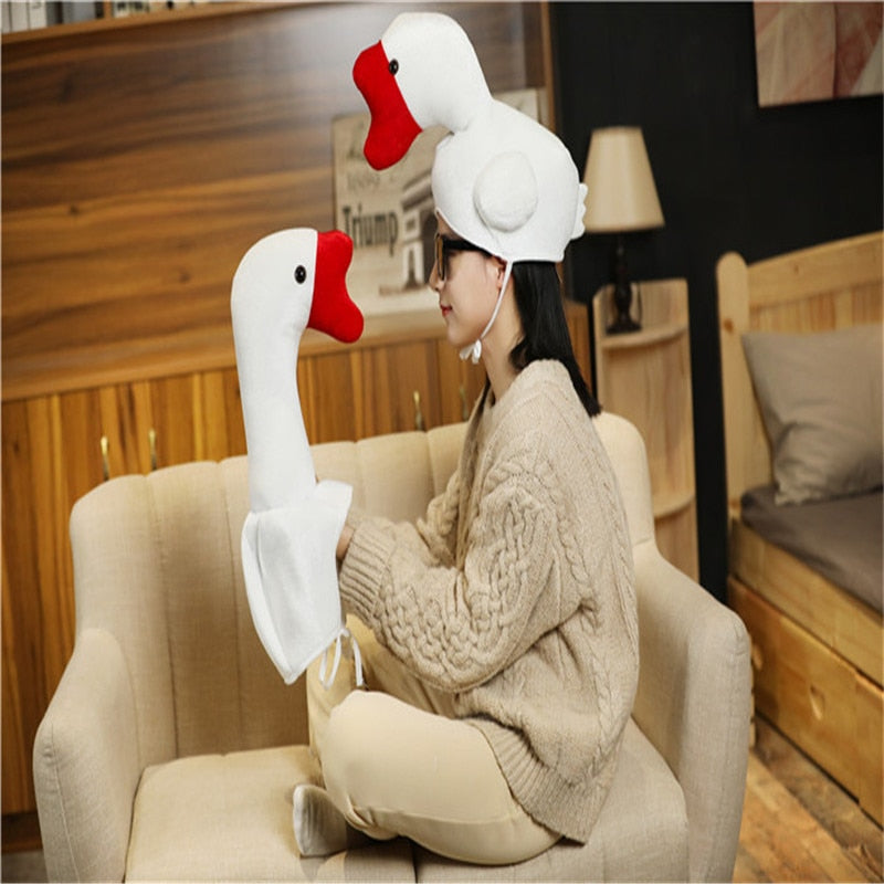 Long Leck White Goose Hat Carton Plush Carnival Animal Cap for Adult and Children April Fools' Day Party Joke Tricky Funny Hat