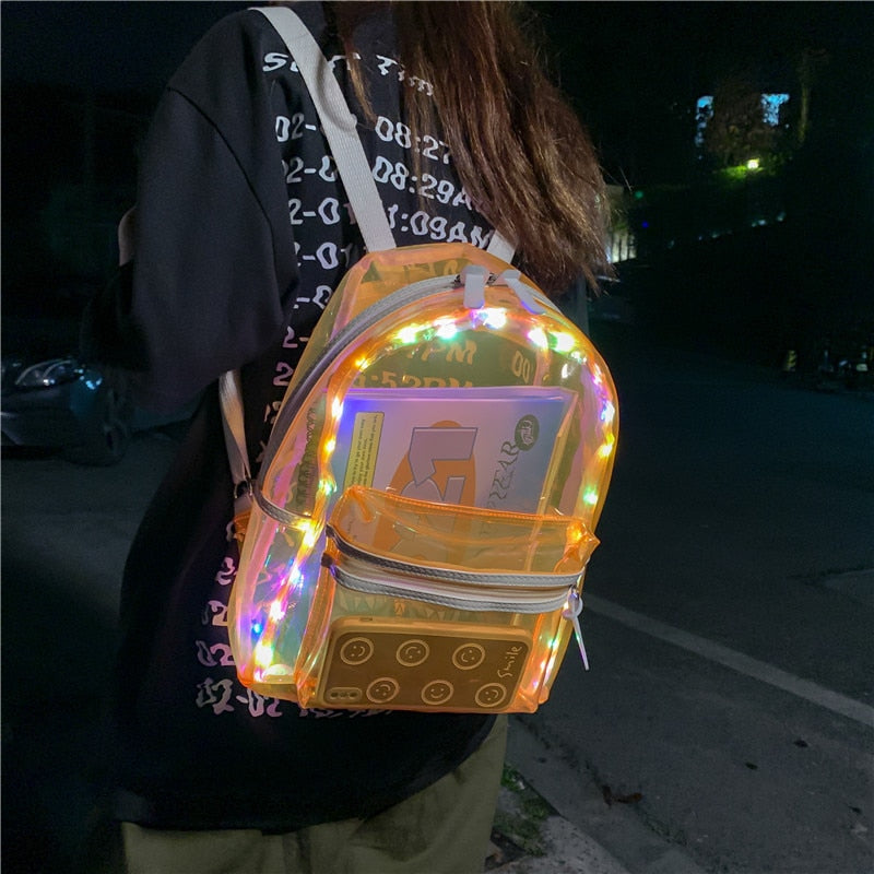 New LED Lights Backpack For Women Transparent Clear Bagpack School Bag Cool Girl Boys Lumious Night Outdoor Travel Bag Mochila