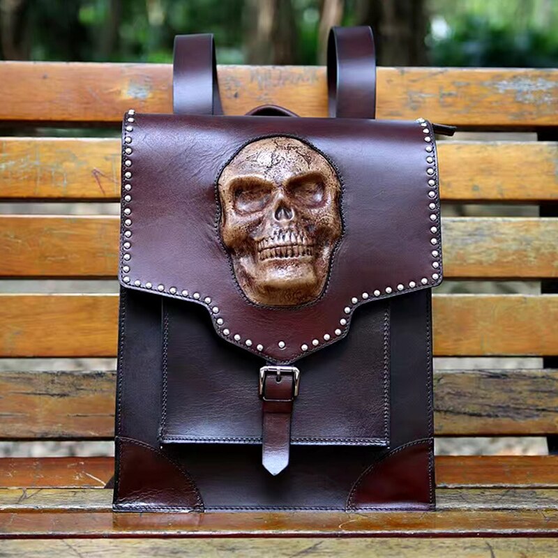 Men Genuine Cow Leather Back Packs Steam Punk Rivet Personality Travel Bagpack 3D Skull Backpacks Laptop Schoolbag For Teenagers