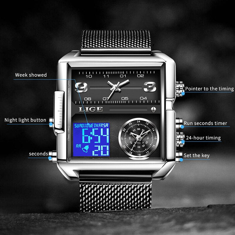 LIGE Watch Man Top Brand Luxury Square Sport Quartz Analog Wristwatch for Men Waterproof Military Digital Watches Creative Watch