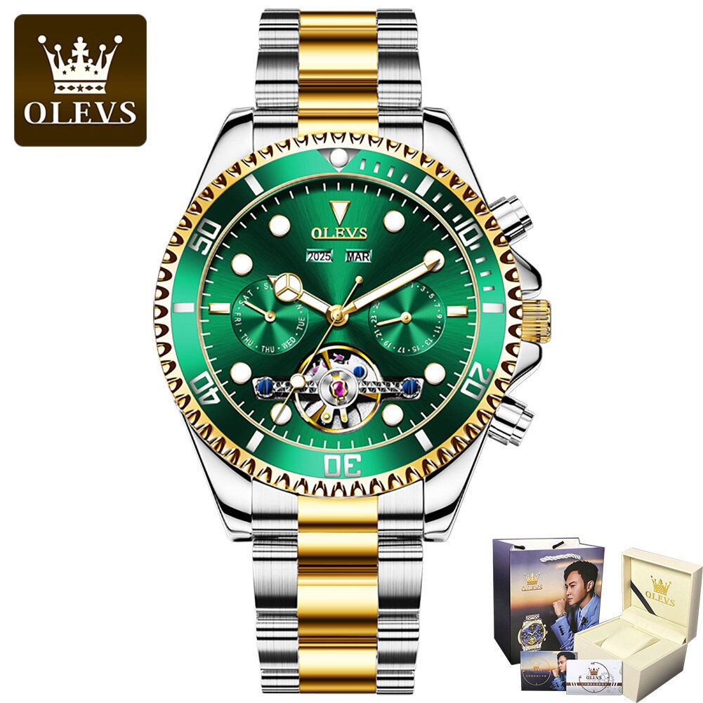 OLEVS Waterproof Stainless Steel Strap Men Wristwatch Submariner Multifunctional Automatic Mechanical Business Watches for Men