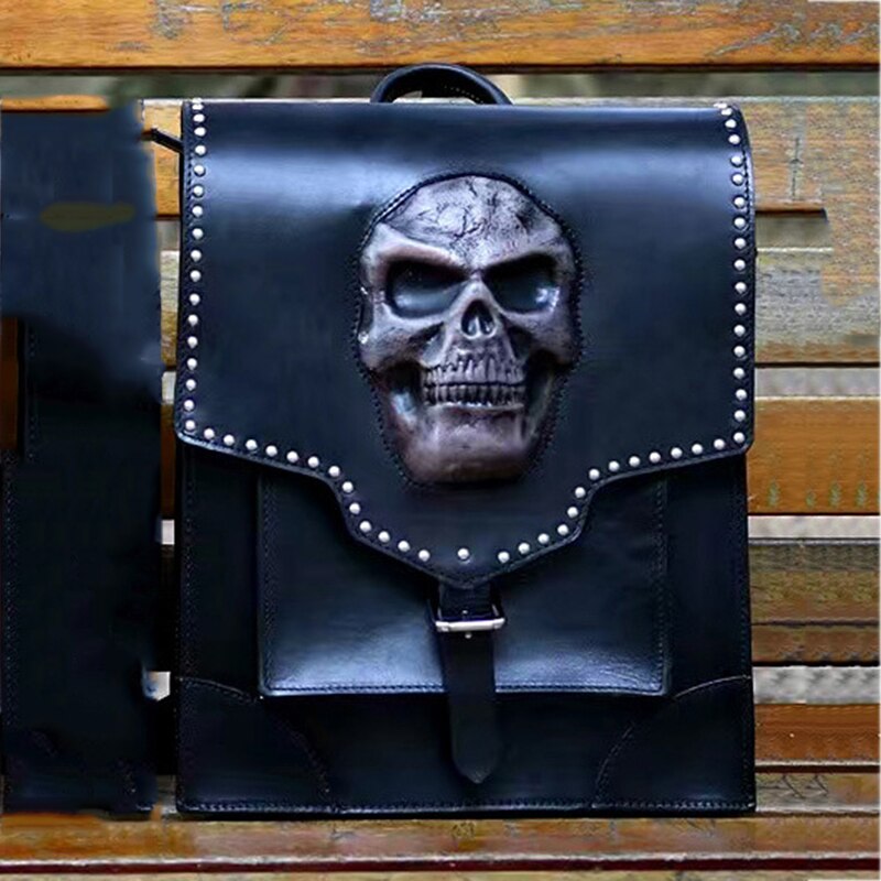 Men Genuine Cow Leather Back Packs Steam Punk Rivet Personality Travel Bagpack 3D Skull Backpacks Laptop Schoolbag For Teenagers