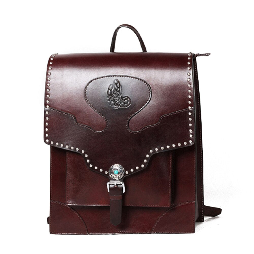 Men Genuine Cow Leather Back Packs Steam Punk Rivet Personality Travel Bagpack 3D Skull Backpacks Laptop Schoolbag For Teenagers