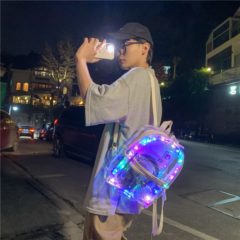 New LED Lights Backpack For Women Transparent Clear Bagpack School Bag Cool Girl Boys Lumious Night Outdoor Travel Bag Mochila