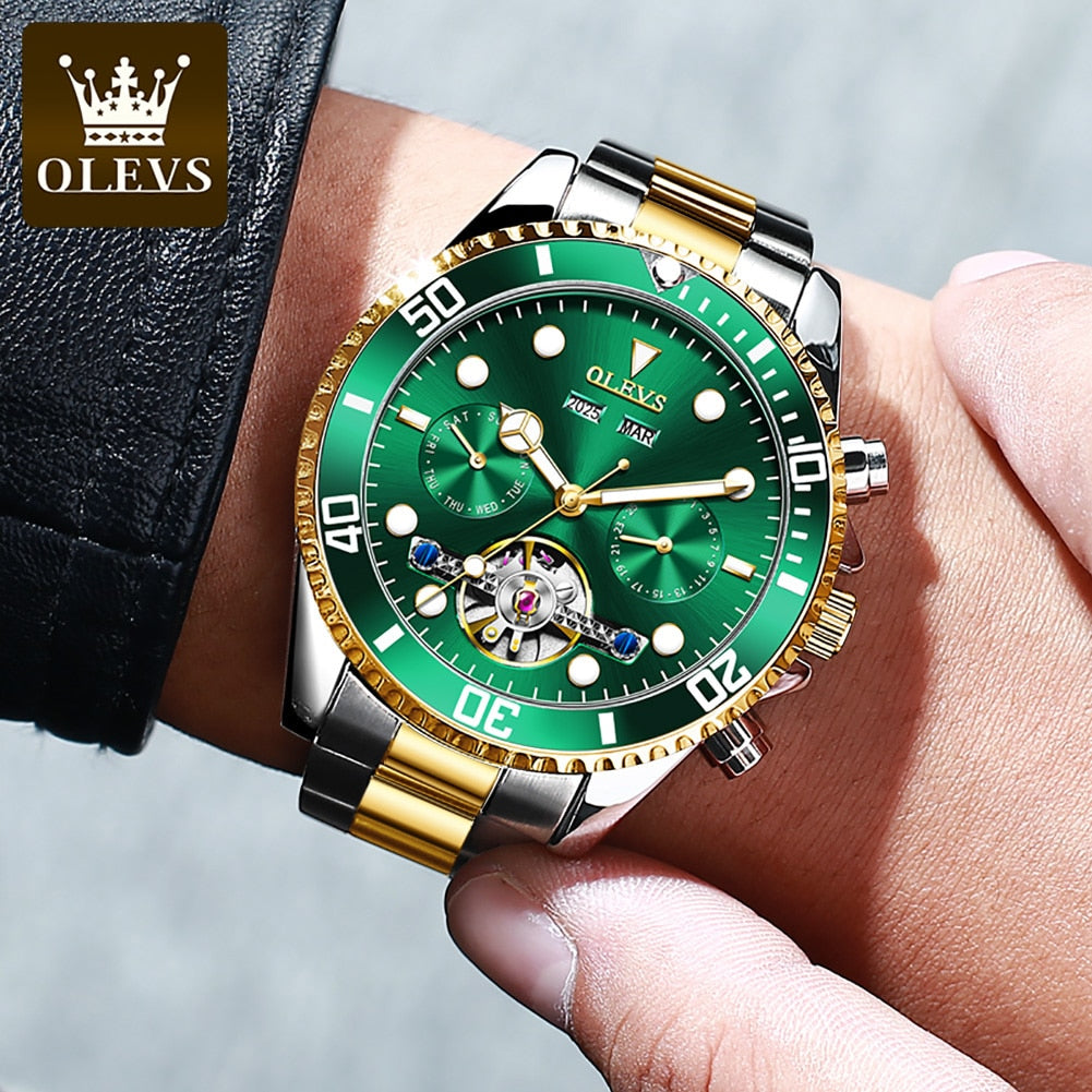 OLEVS Waterproof Stainless Steel Strap Men Wristwatch Submariner Multifunctional Automatic Mechanical Business Watches for Men