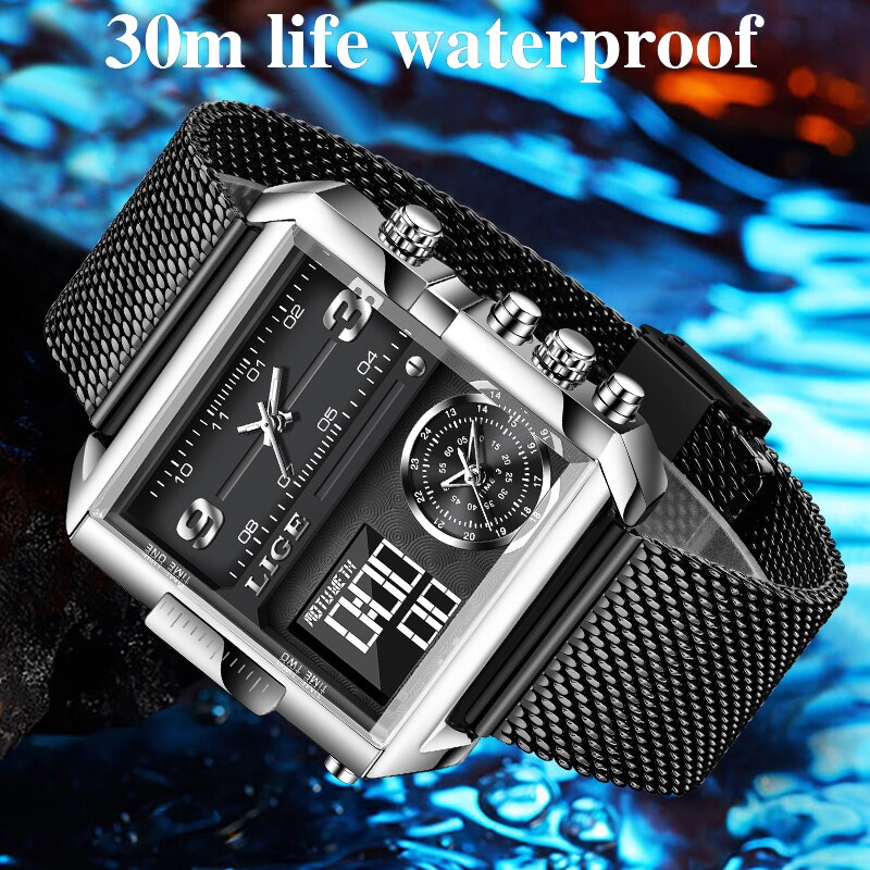 LIGE Watch Man Top Brand Luxury Square Sport Quartz Analog Wristwatch for Men Waterproof Military Digital Watches Creative Watch