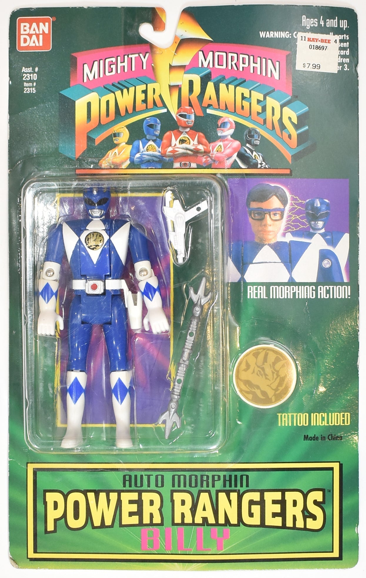 Power Rangers Auto Morphin Billy Blue Ranger 1994 BAN DAI Flip Head Action Figur