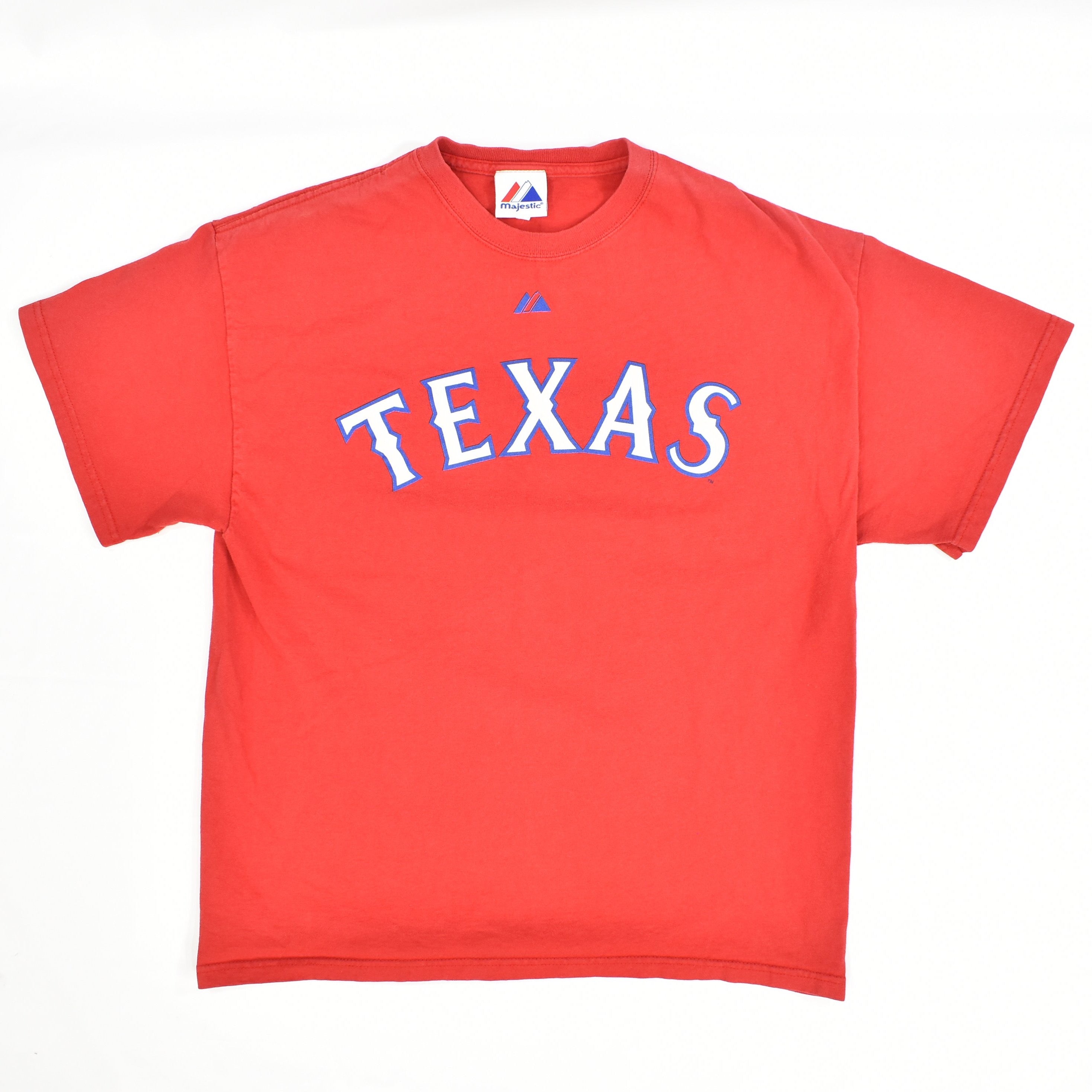 Texas Rangers Baseball T shirt mens Large Red tee MLB Majestic Hamilton 32 Used