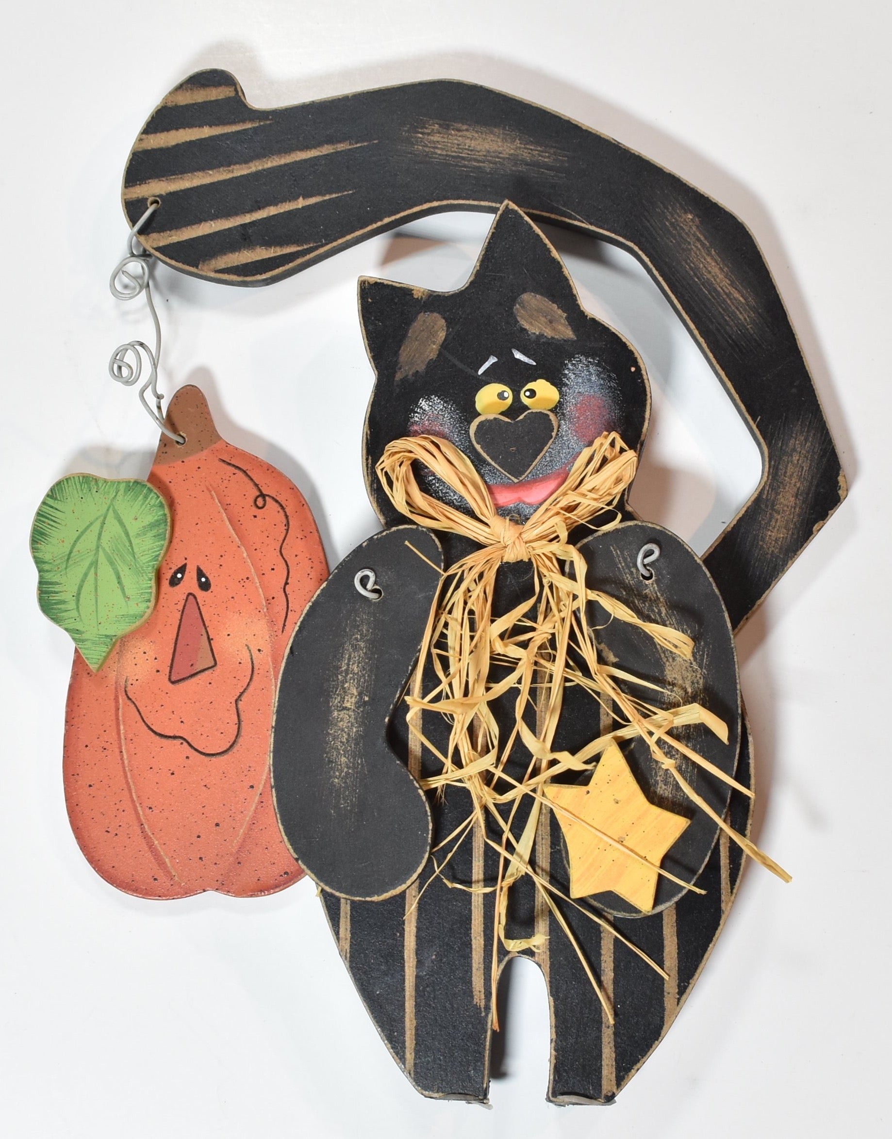 Cat and Pumpkin Wooded home decor Halloween Hanging Display used