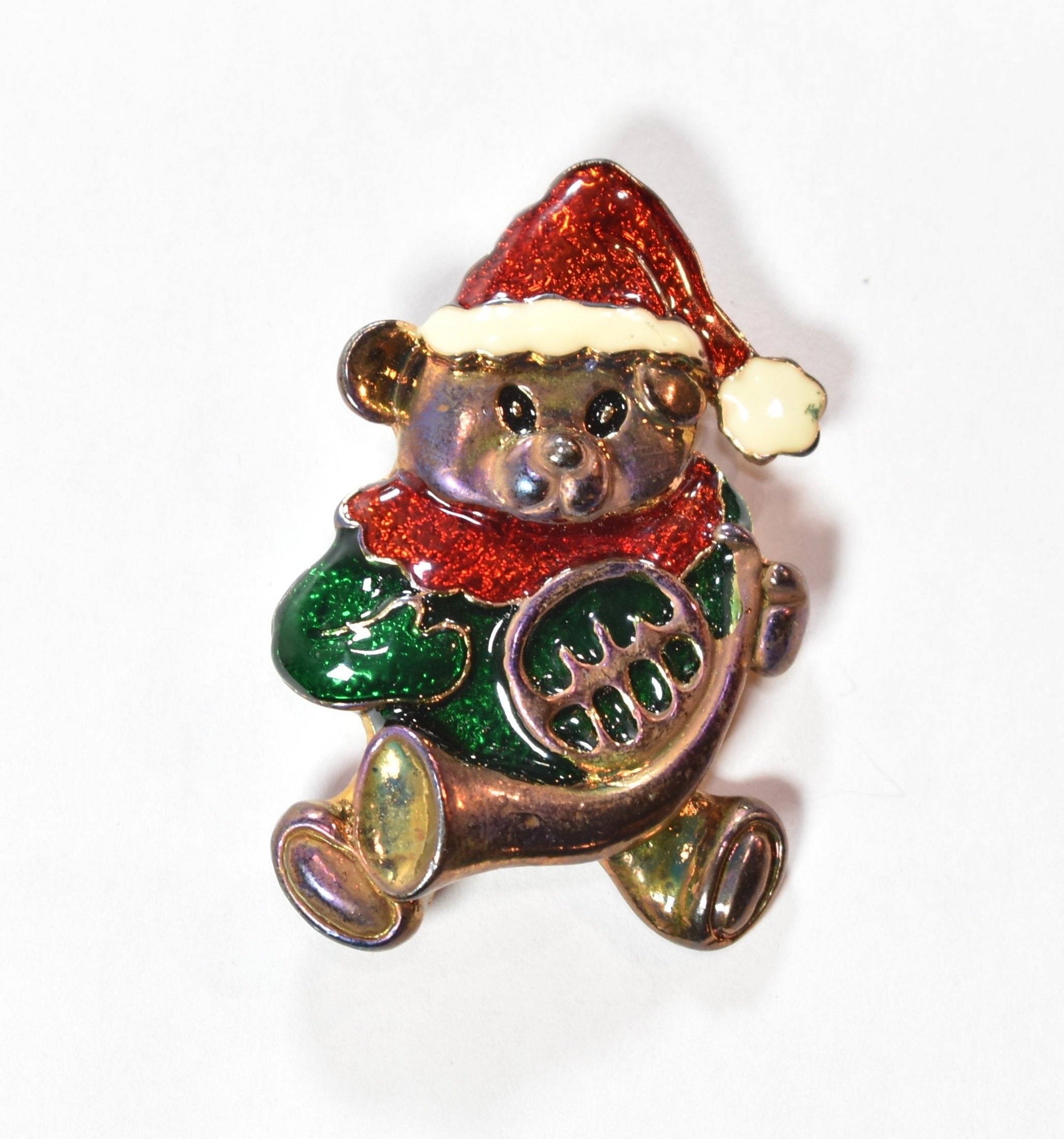 Brooch Pin Christmas Bear Holiday Pin Red green white musical bear vintage used
