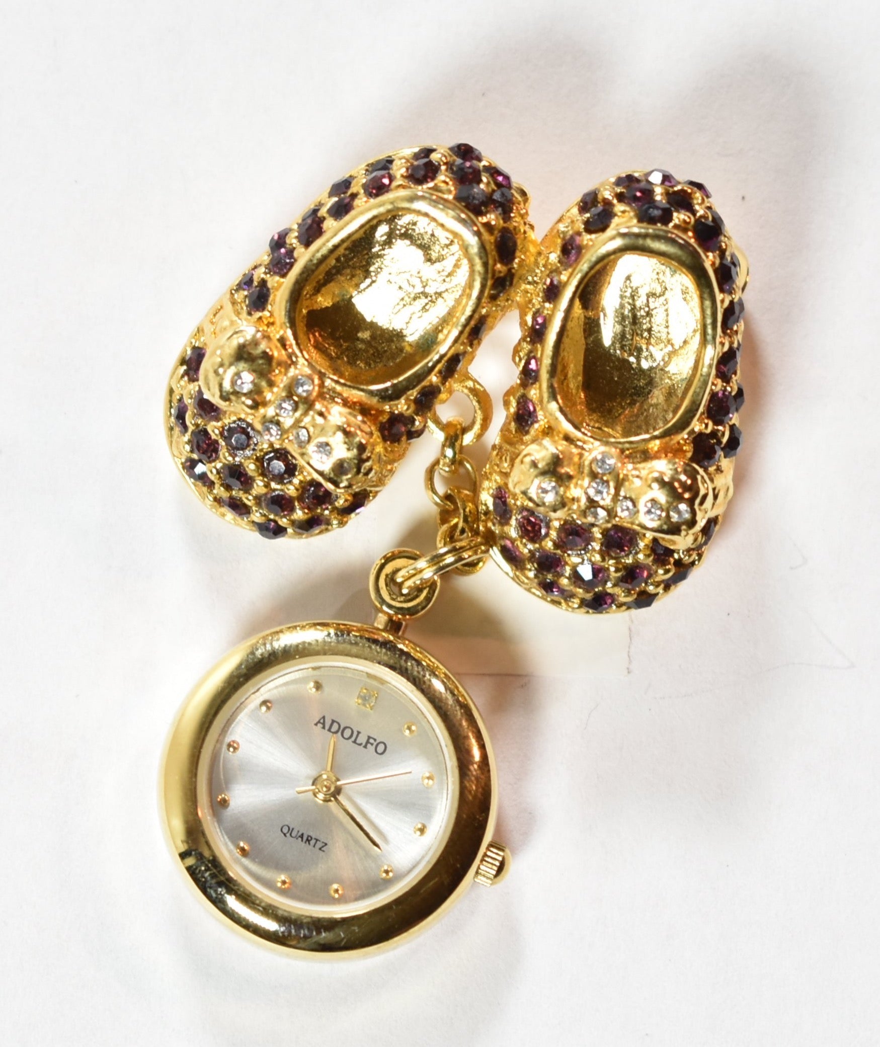 Brooch Pin Adolfo hanging clock little gold shoes collectible pin watch Small