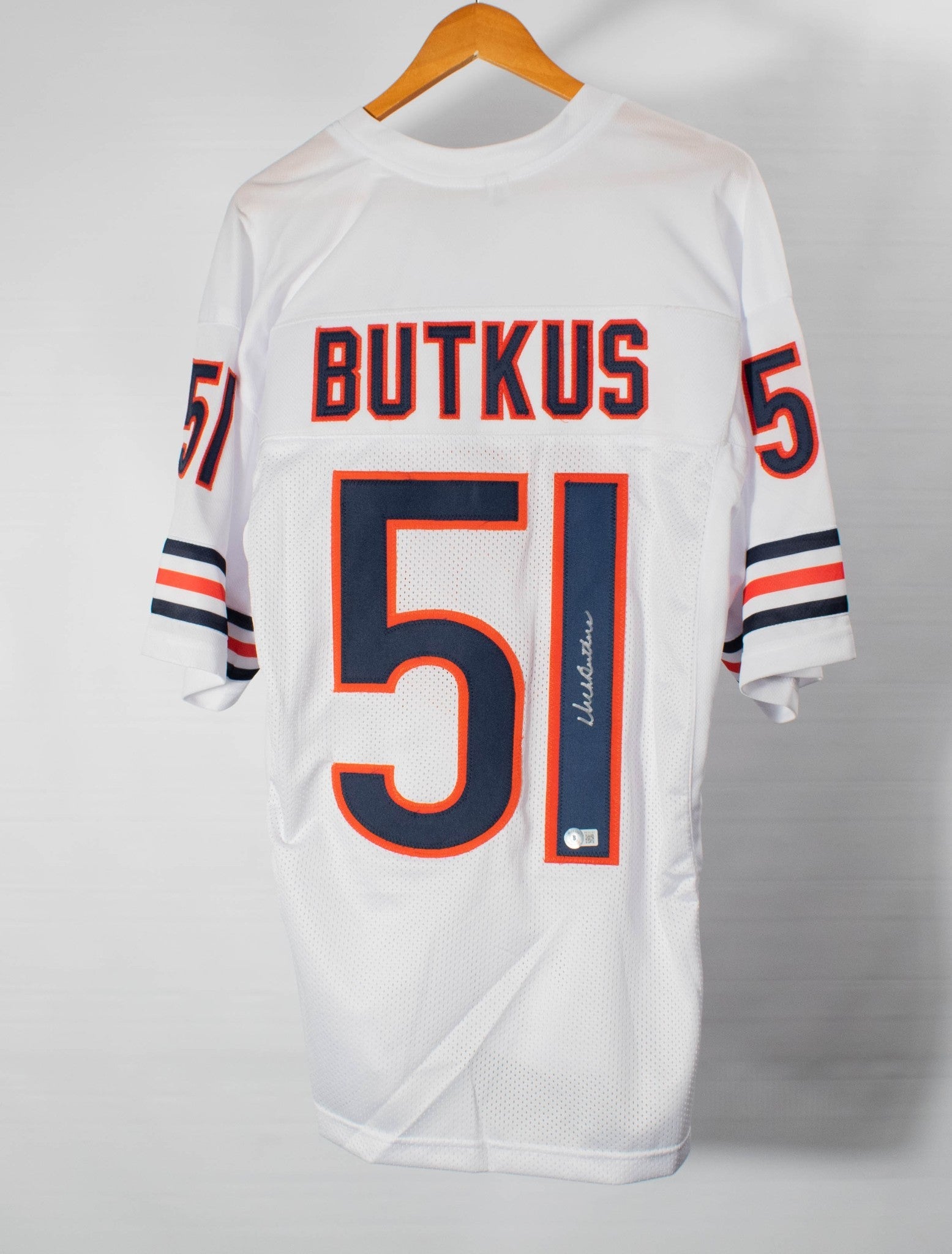 Dick Butkus 50 CHICAGO BEARS 55 SIGNED White Jersey WITNESS COA