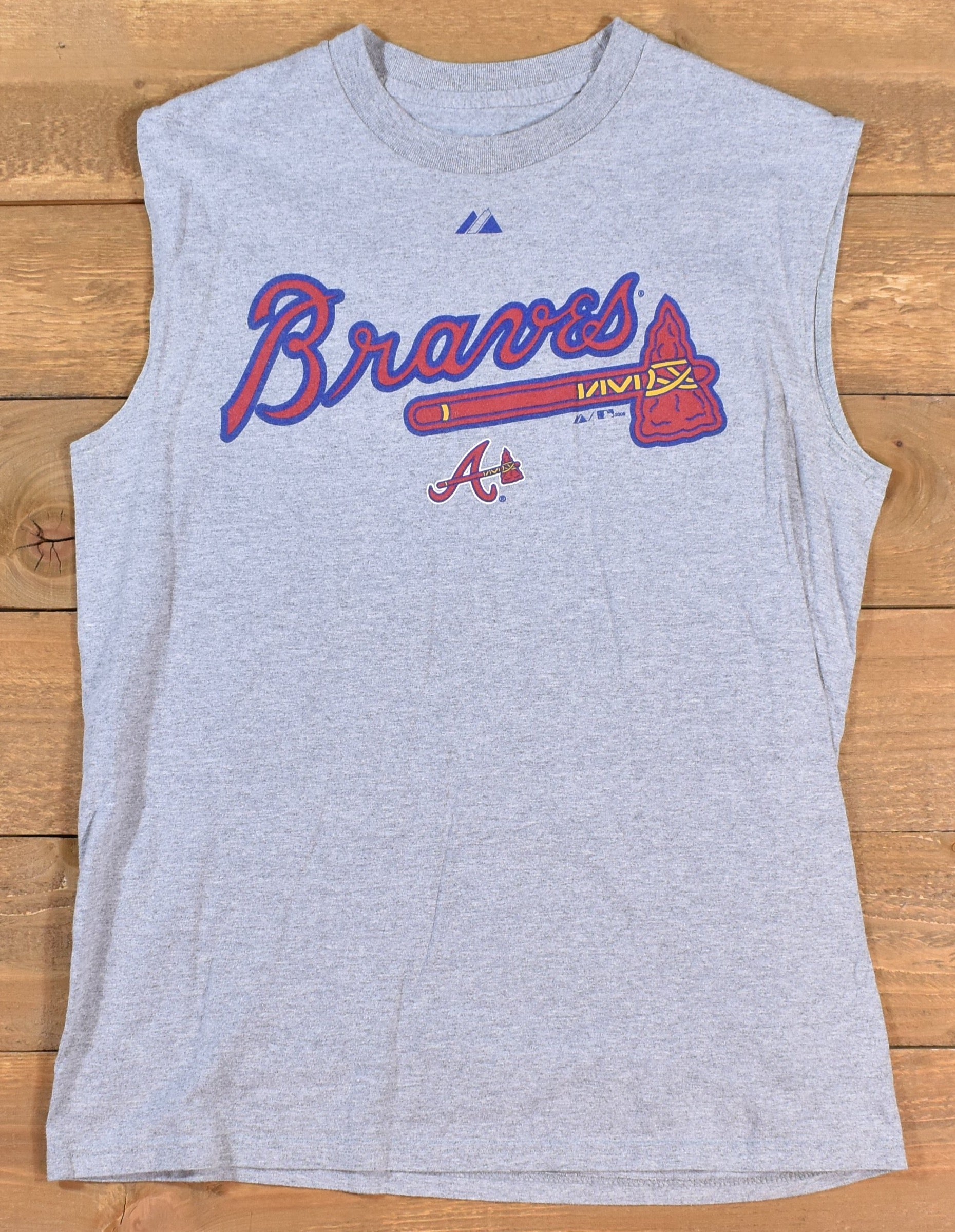 Braves MLB Baseball shirt mens Cut off t-shirt Grey Used Majestic Medium
