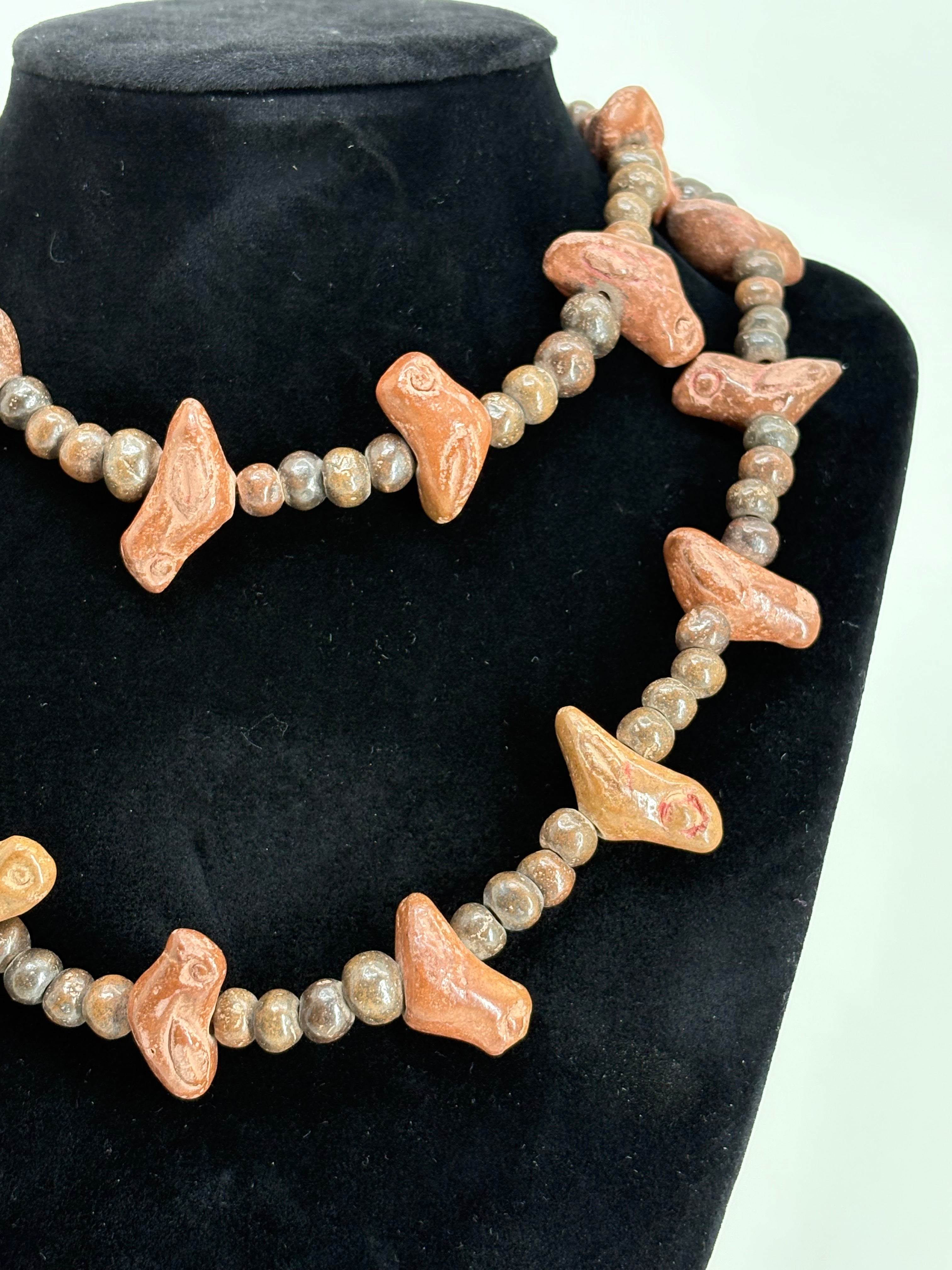 Antique Ancient African Handmade/ Hand Carved Wooden Bird Beaded Necklace 13.5"