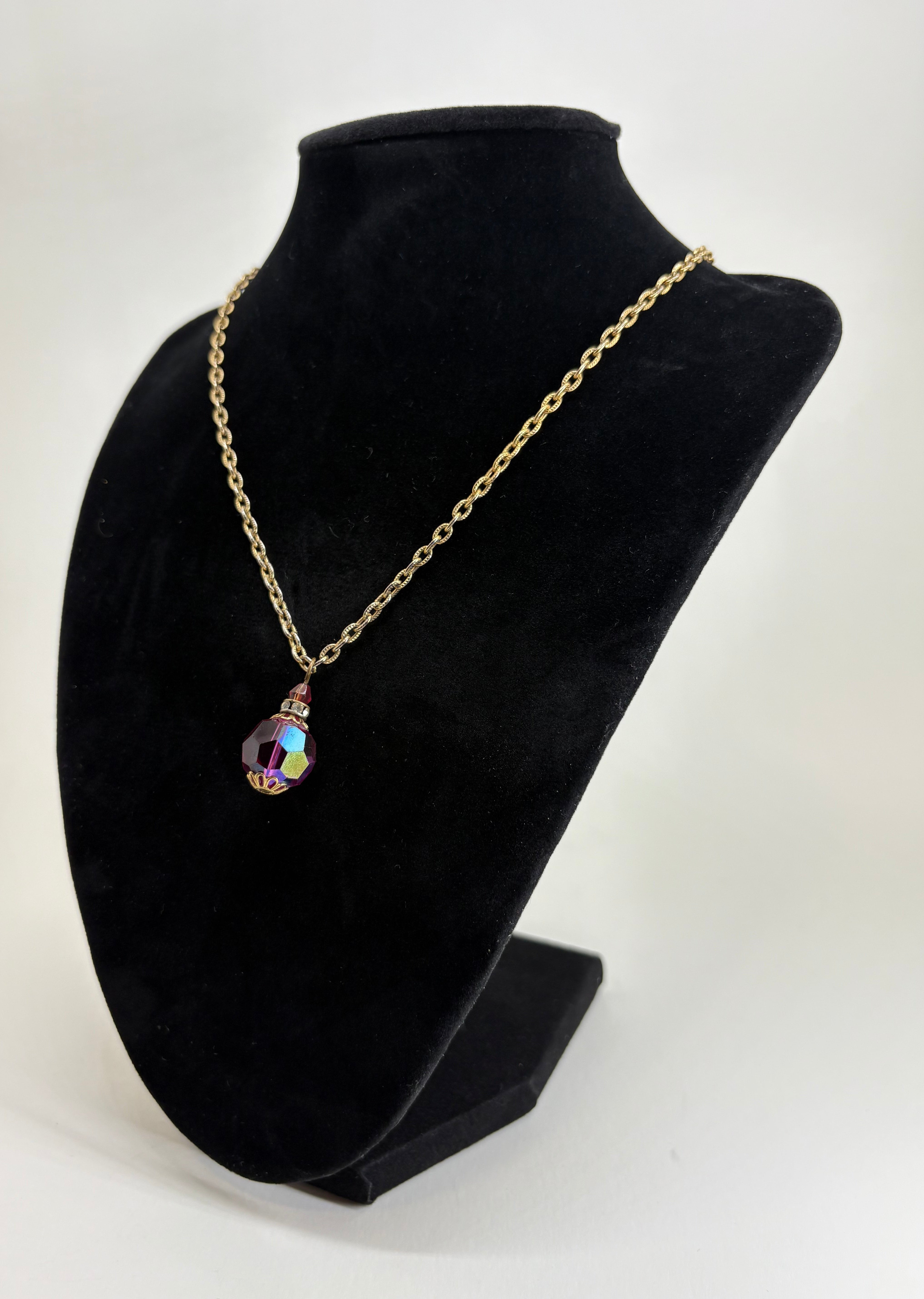 Vintage Gold Tone Necklace with Pink Glass Bead Pendant 13.5"