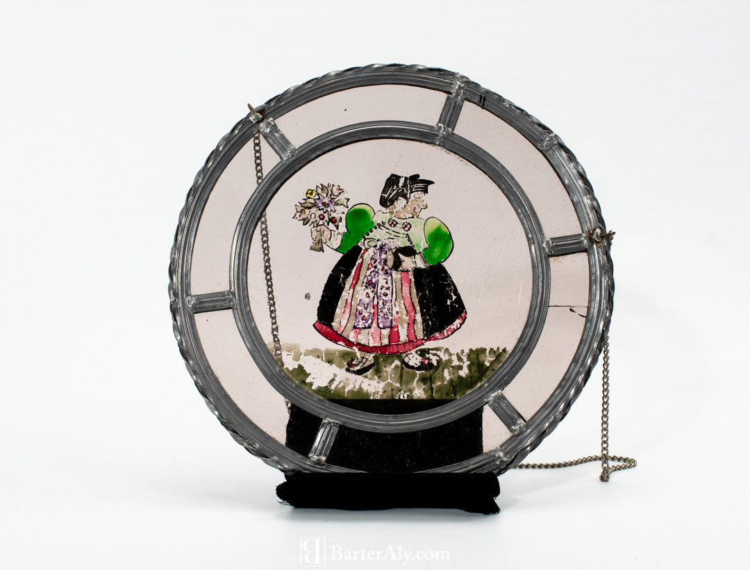 Stained Glass metal Hanging Circle Vintage Art Work England Lady