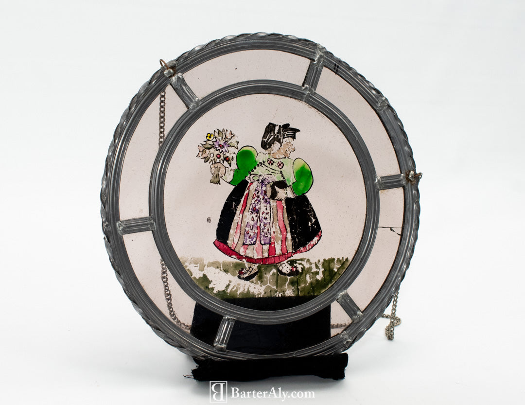 Stained Glass metal Hanging Circle Vintage Art Work England Lady