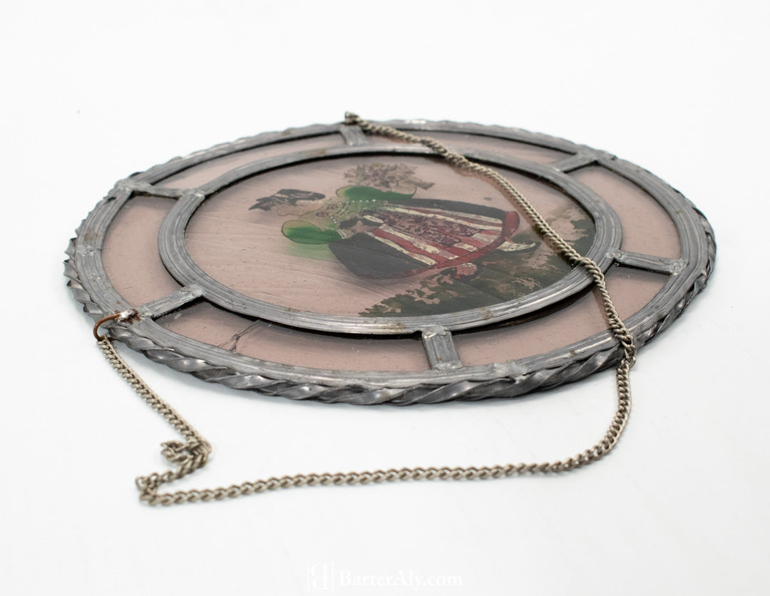 Stained Glass metal Hanging Circle Vintage Art Work England Lady