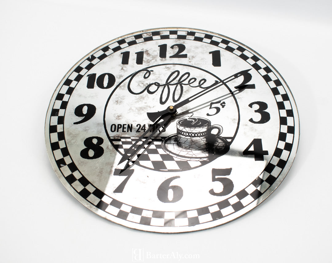 Coffee Clock Silver Black 5 cents Open 24 Hr Wall Clock Used