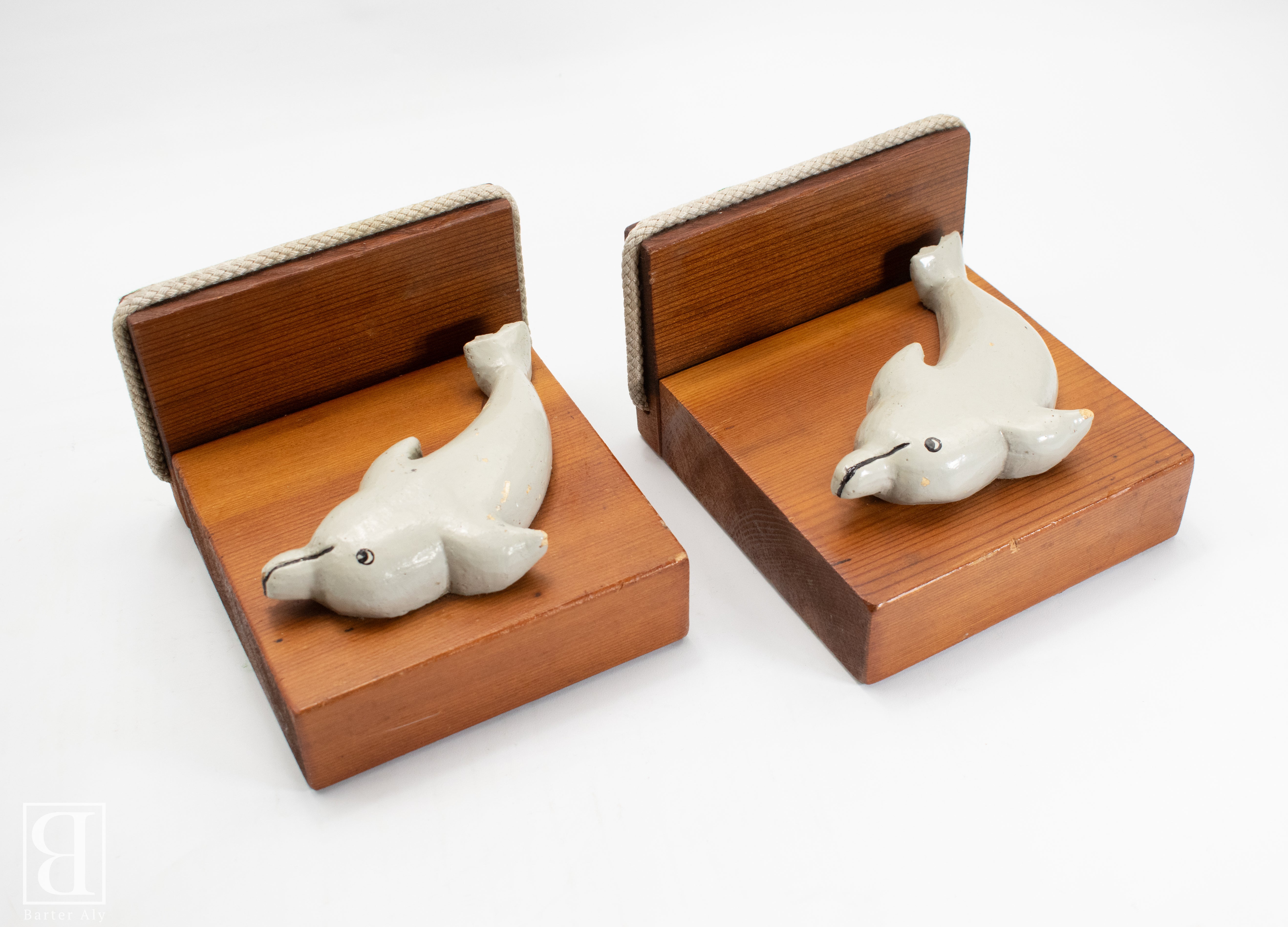 Vintage Bookend Book Holders Dolphins Wood Unique Made Collectible Set used Book Ends