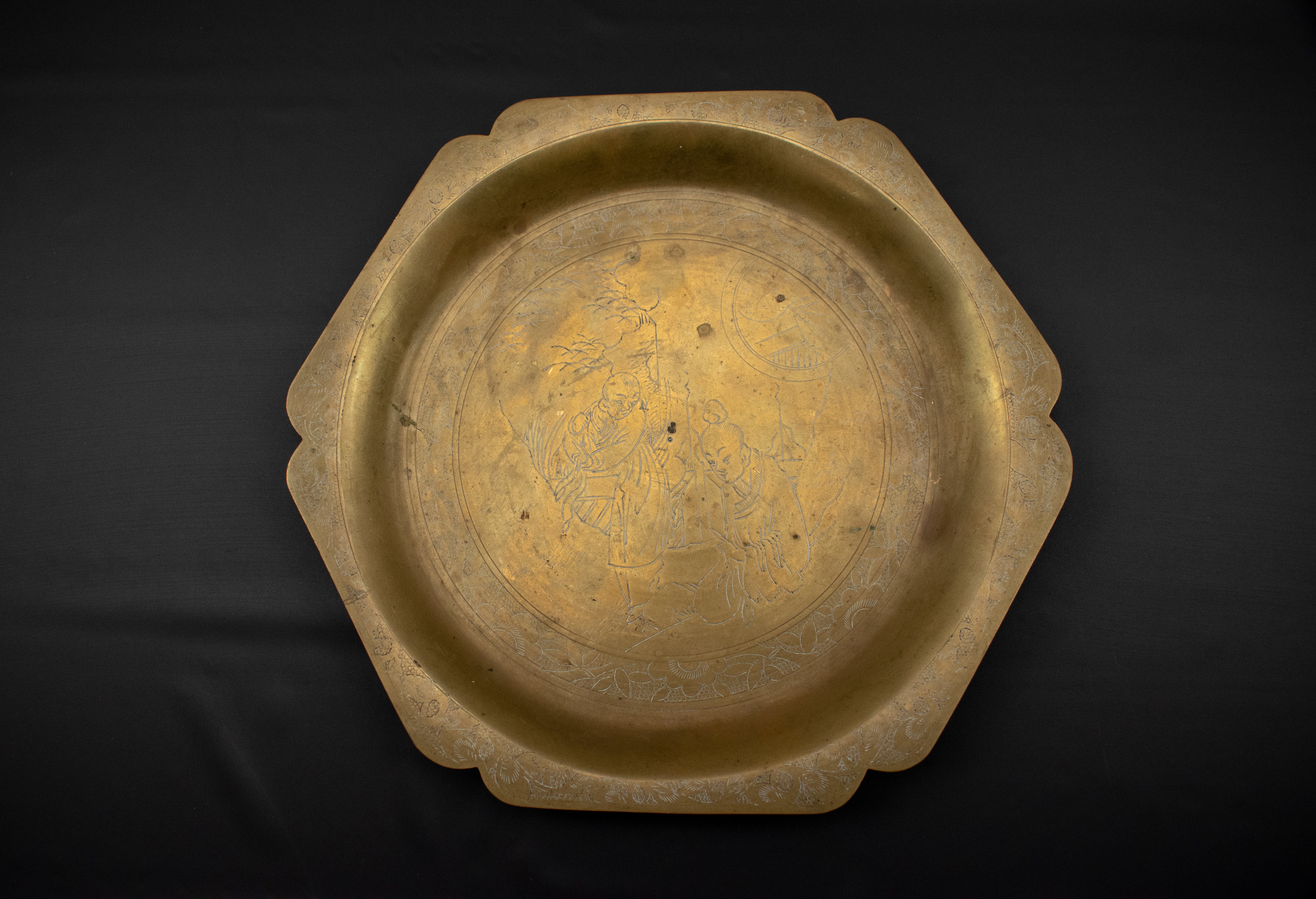 Vintage Brass Plate Metal Asian Tin Floral Art Etched Used 9inch China