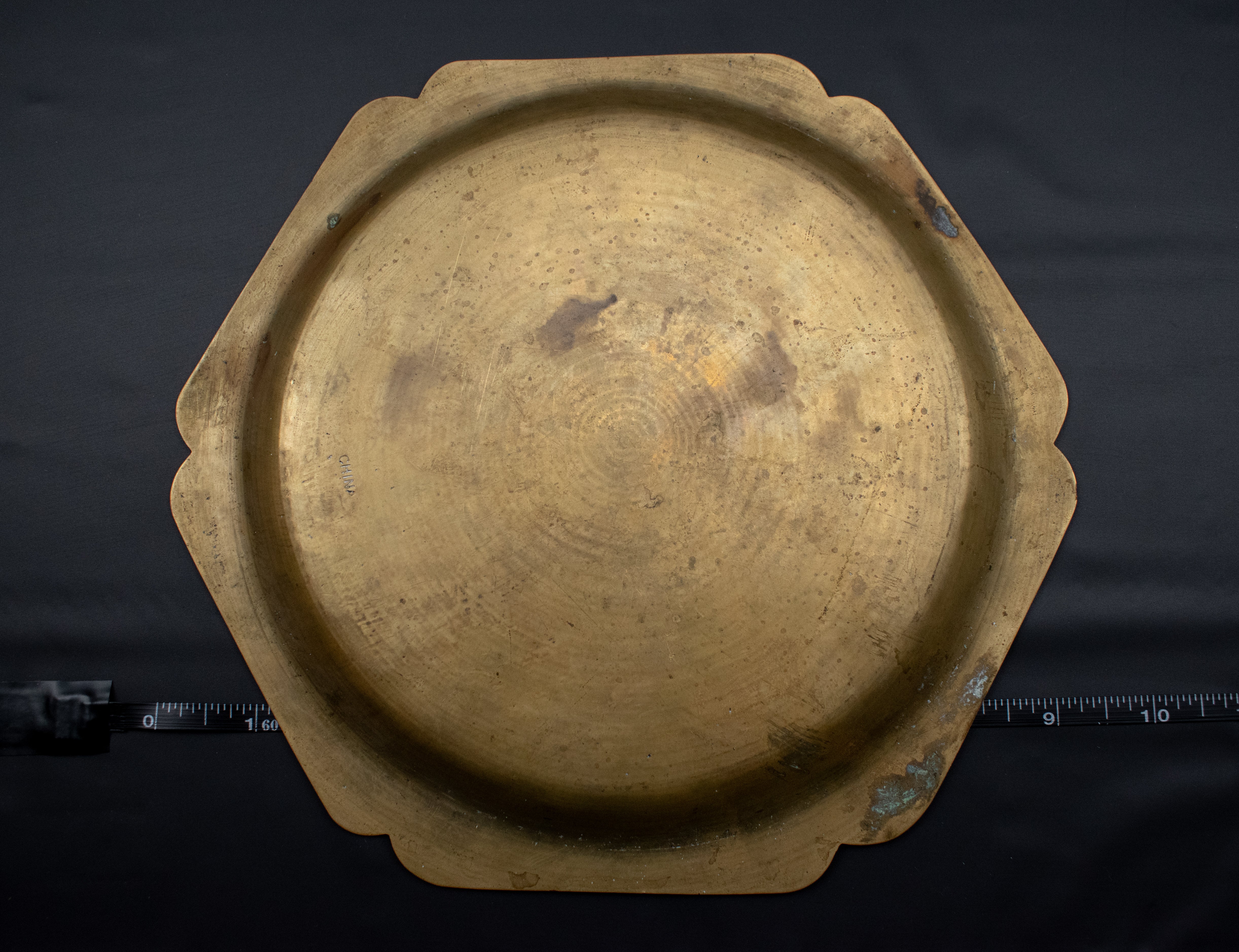 Vintage Brass Plate Metal Asian Tin Floral Art Etched Used 9inch China