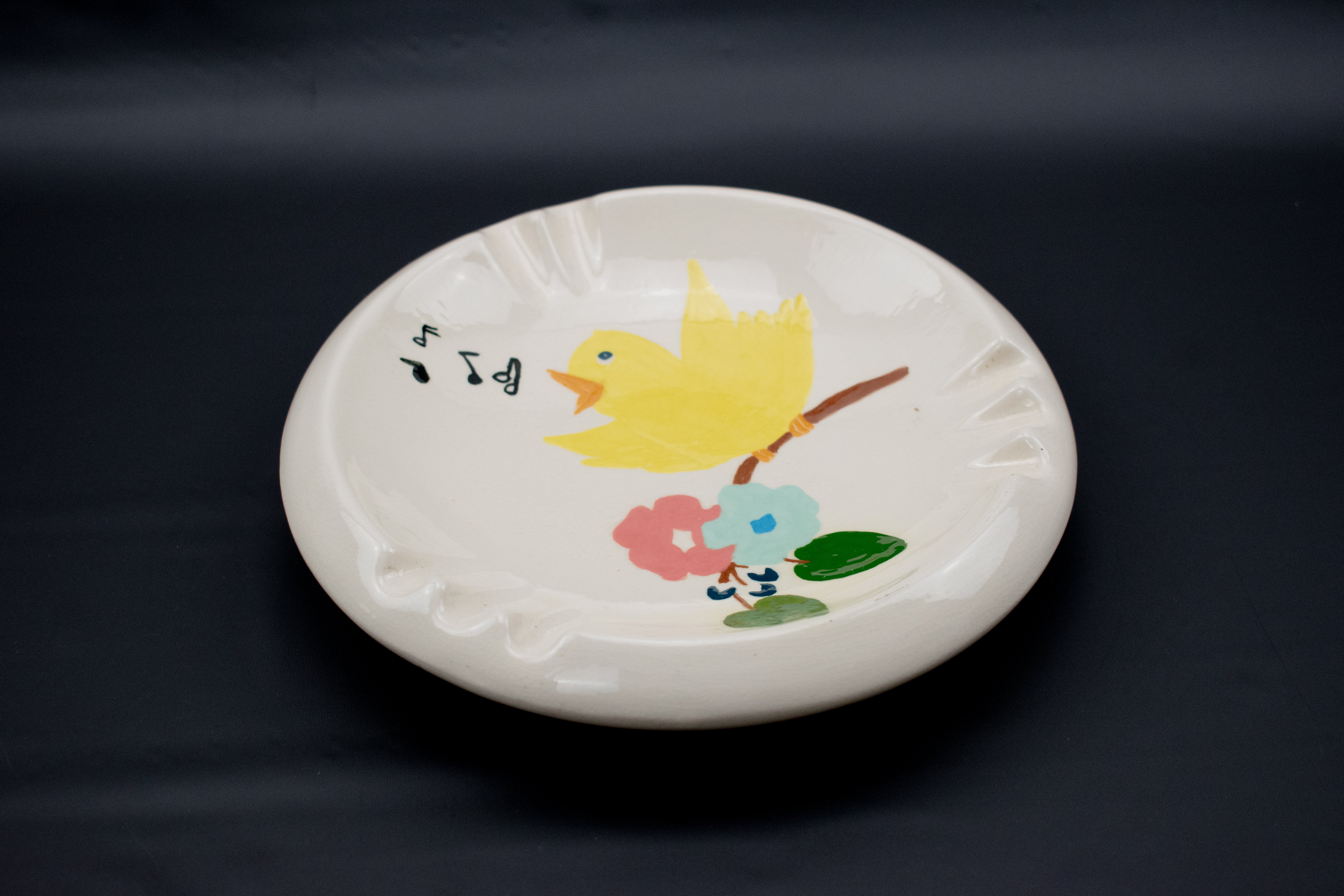 Ashtray White Singing Bird Custom Made OOAK Ash Bowl Decorative Yellow Bird Used