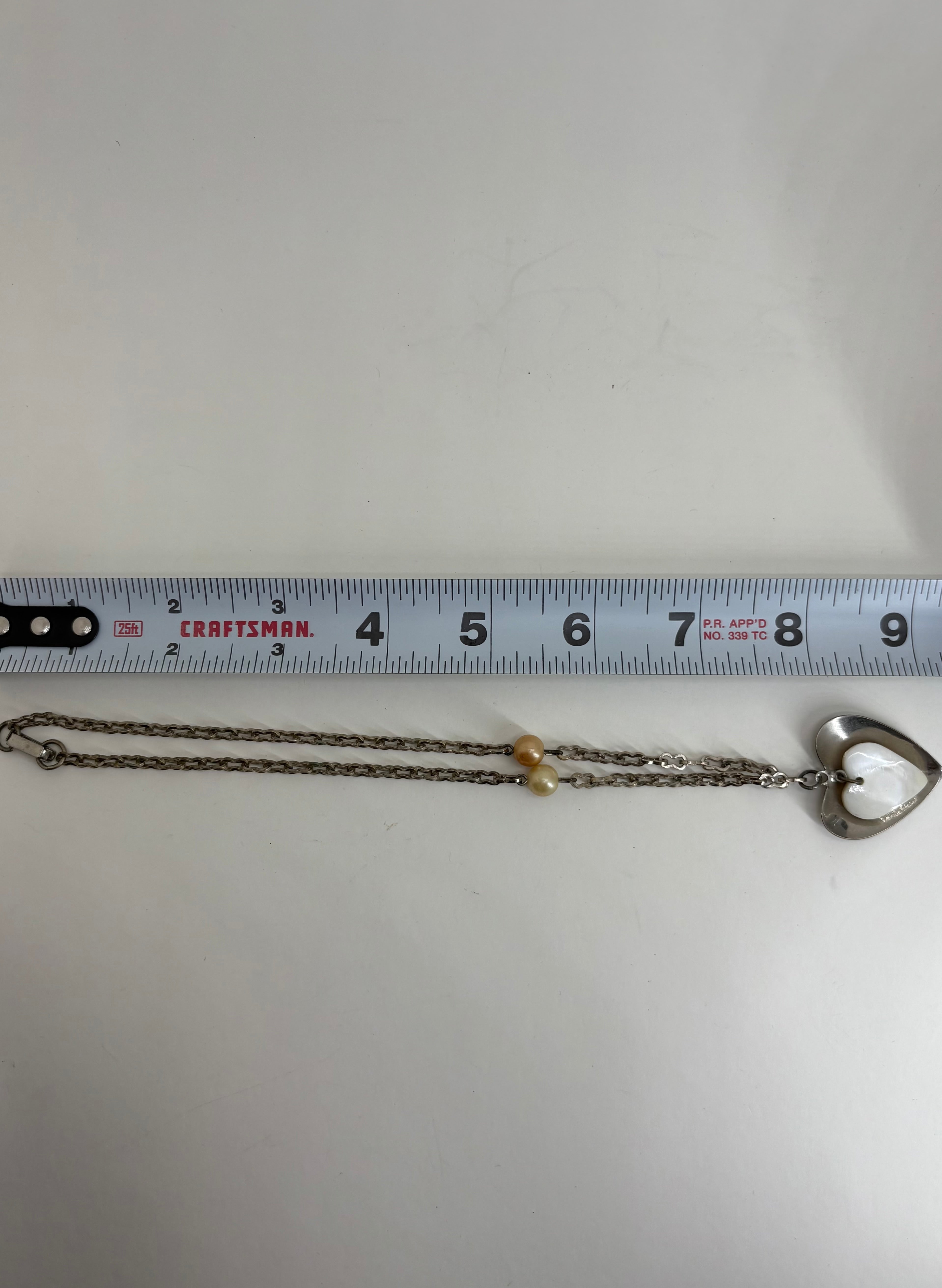 Vintage Style Necklace with White Stone Heart Pendant and Two Faux Pearls 9"